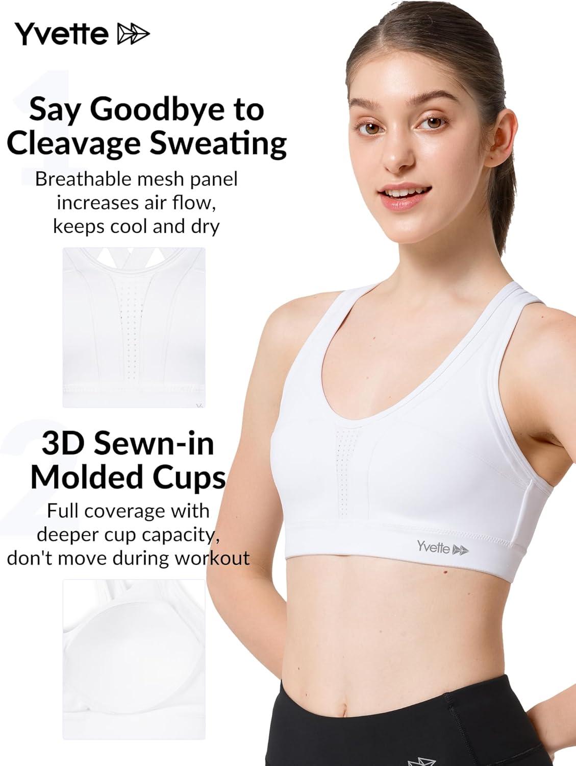 Yvette Women High Impact Sports Bras Criss Cross Back Sexy Running Bra for Plus Size(White + Double Thin Strap + High Impact)