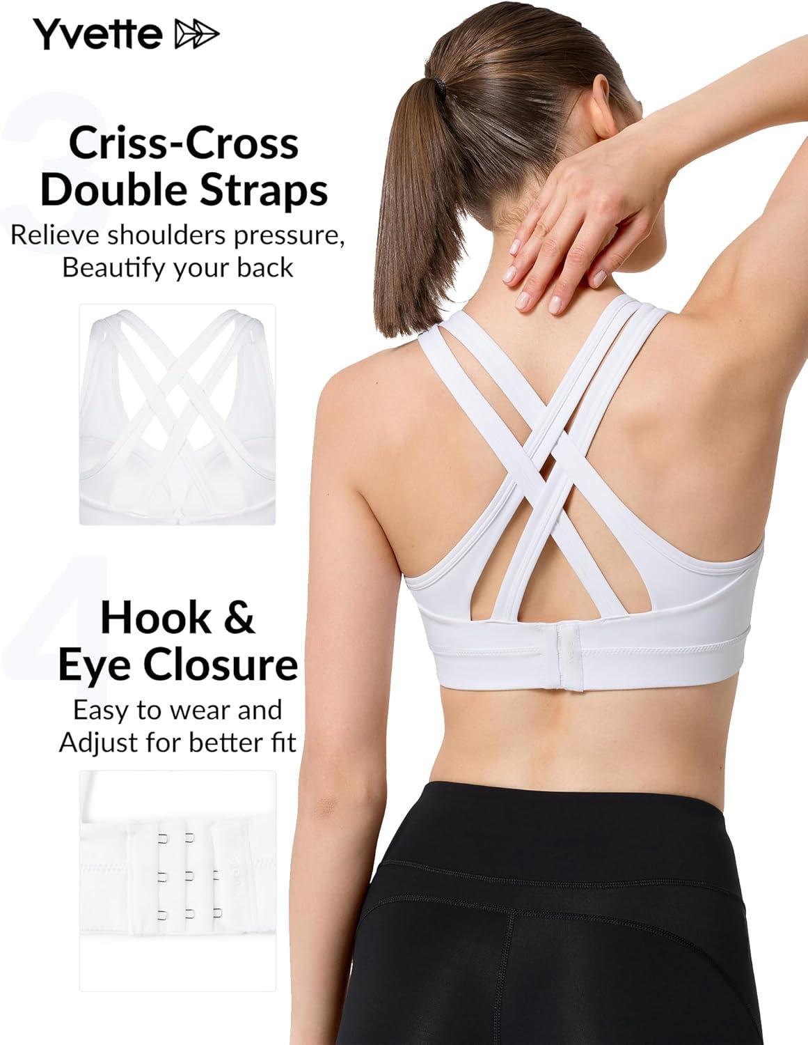 Yvette Women High Impact Sports Bras Criss Cross Back Sexy Running Bra for Plus Size(White + Double Thin Strap + High Impact)