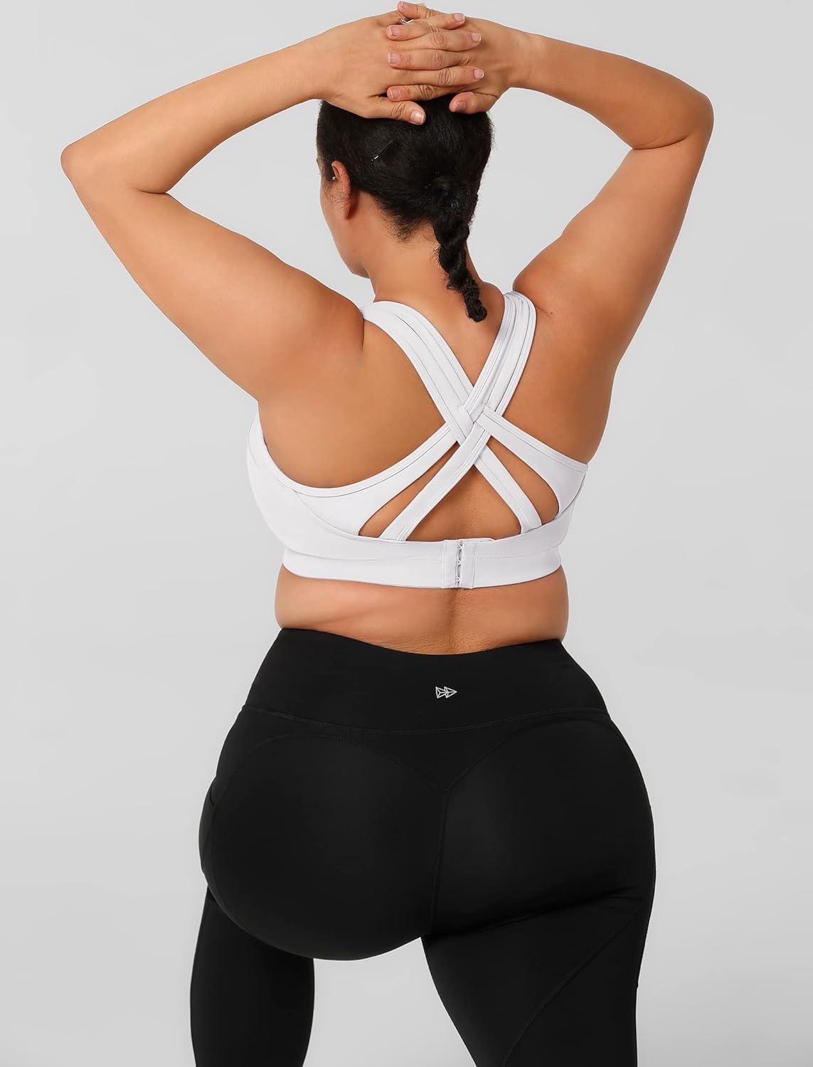 Yvette Women High Impact Sports Bras Criss Cross Back Sexy Running Bra for Plus Size(White + Double Thin Strap + High Impact)