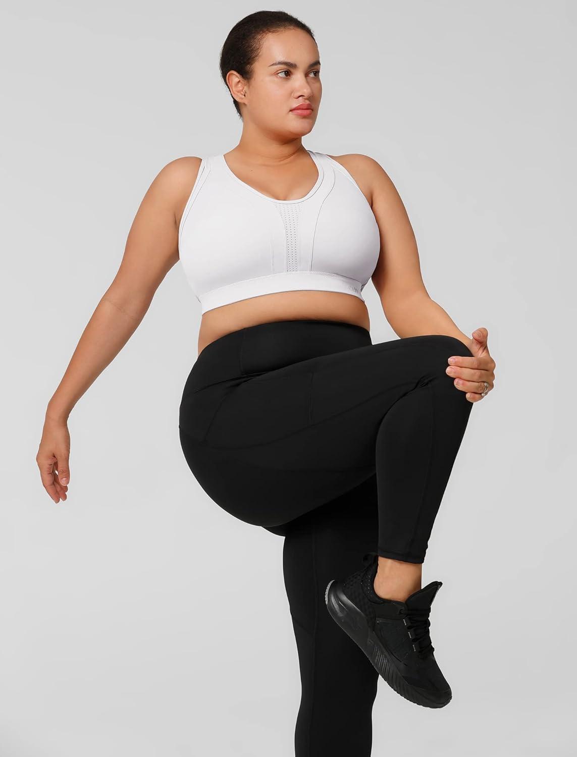Yvette Women High Impact Sports Bras Criss Cross Back Sexy Running Bra for Plus Size(White + Double Thin Strap + High Impact)