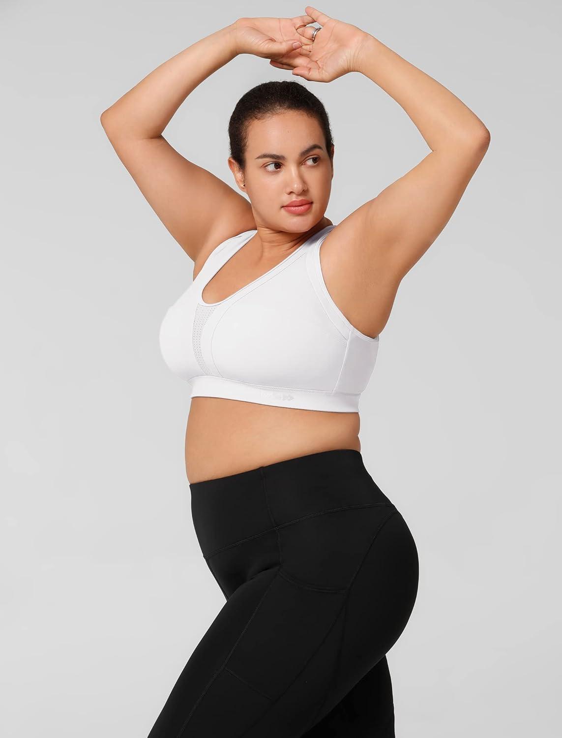 Yvette Women High Impact Sports Bras Criss Cross Back Sexy Running Bra for Plus Size(White + Double Thin Strap + High Impact)