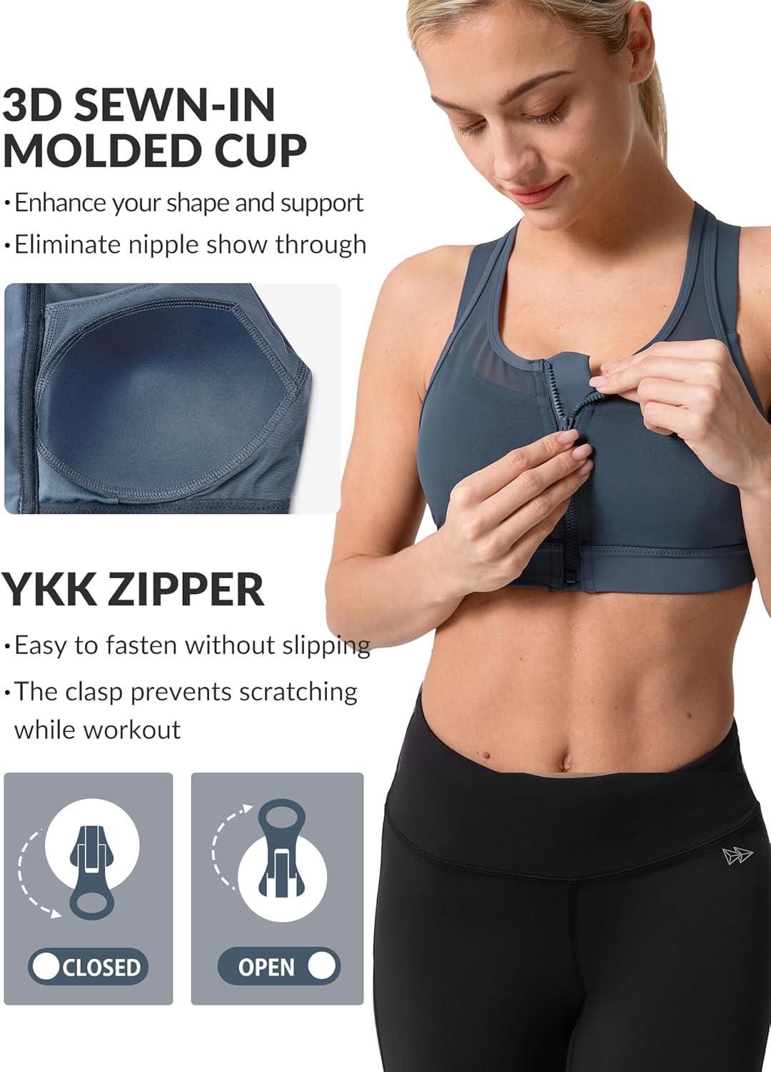 Yvette High Impact Women Sports Bra Front Closure Double Deck Mesh Running Bra for Plus Size(Grey Blue)