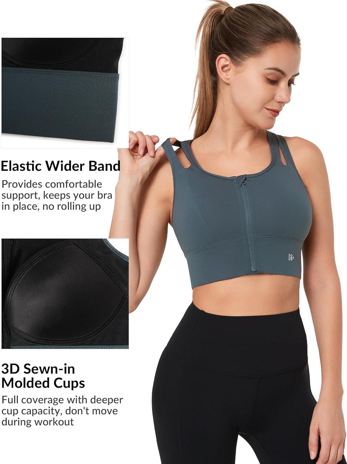 Yvette Womens Sports Bras High Impact Front Zipper Sports Bra for Large Bust Full Support Racerback Workout Running(Bright Haze Blue)