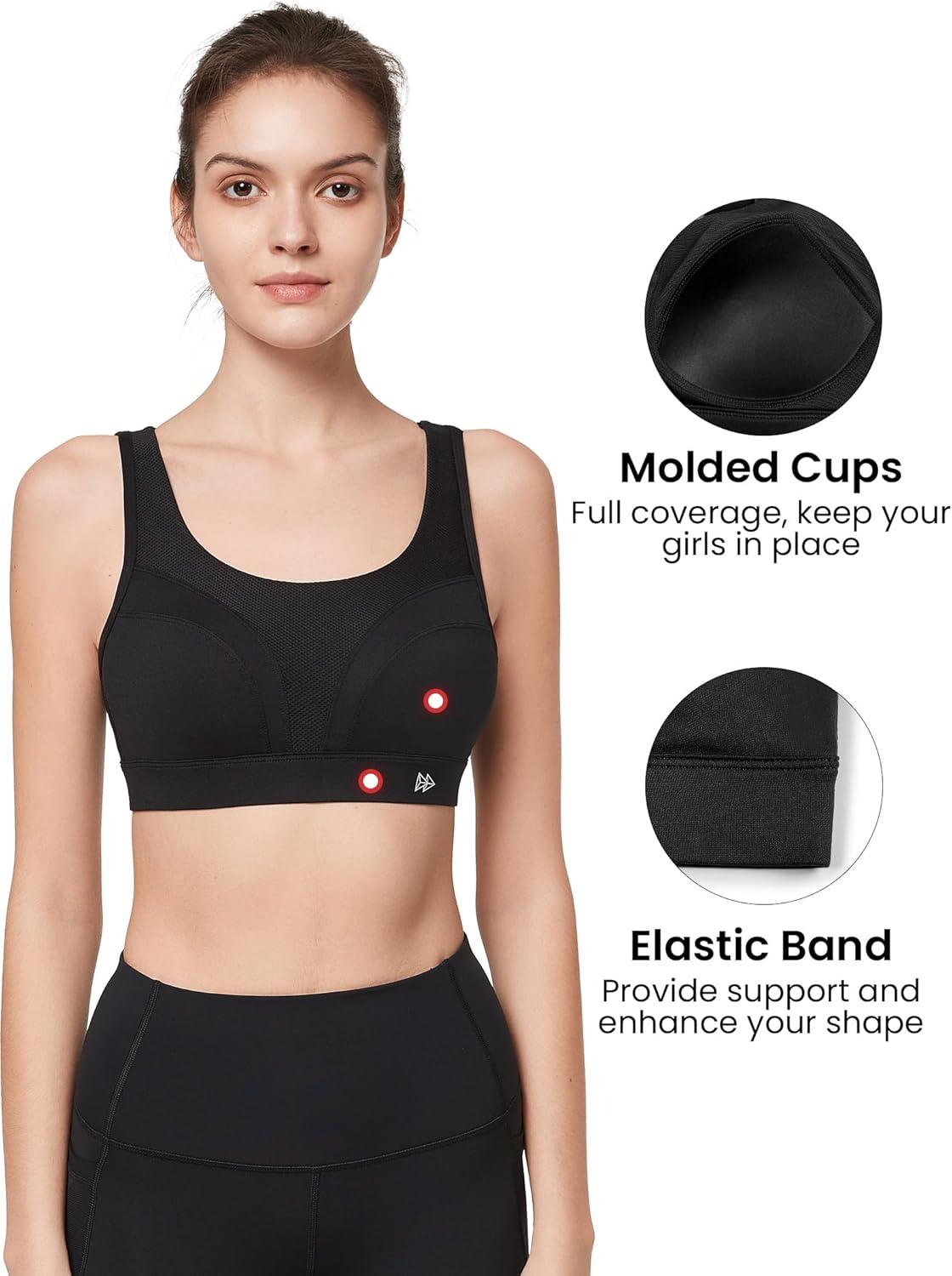 Yvette Adjustable Molded Cup Supportive Sports Bras – High Impact Wireless Bra for Large Breasts(Black)