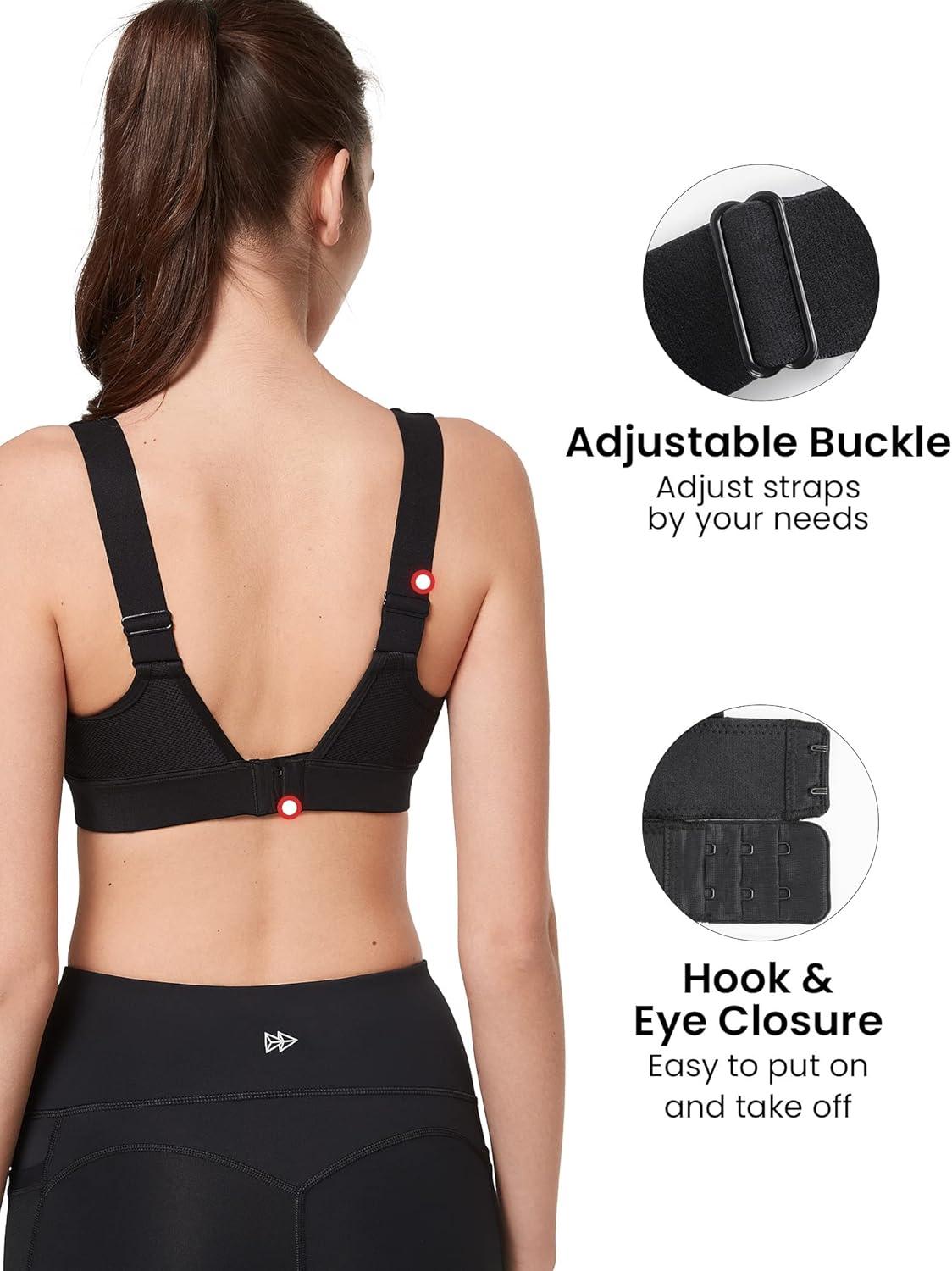 Yvette Adjustable Molded Cup Supportive Sports Bras – High Impact Wireless Bra for Large Breasts(Black)