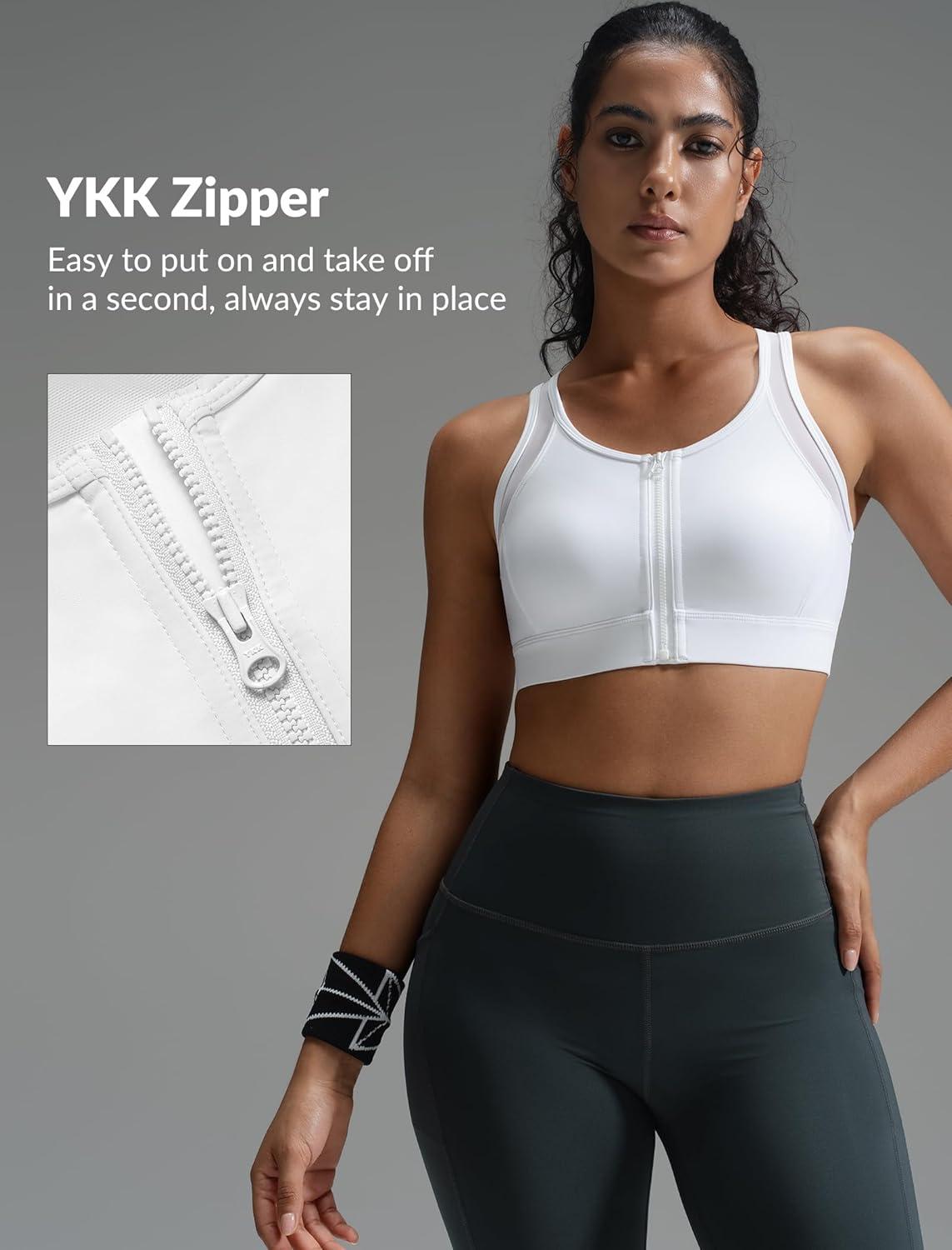 Yvette Front Zip Sports Bras for Women High Impact Mesh Racerback Full Support Sports Bra Plus Size for Running(White)