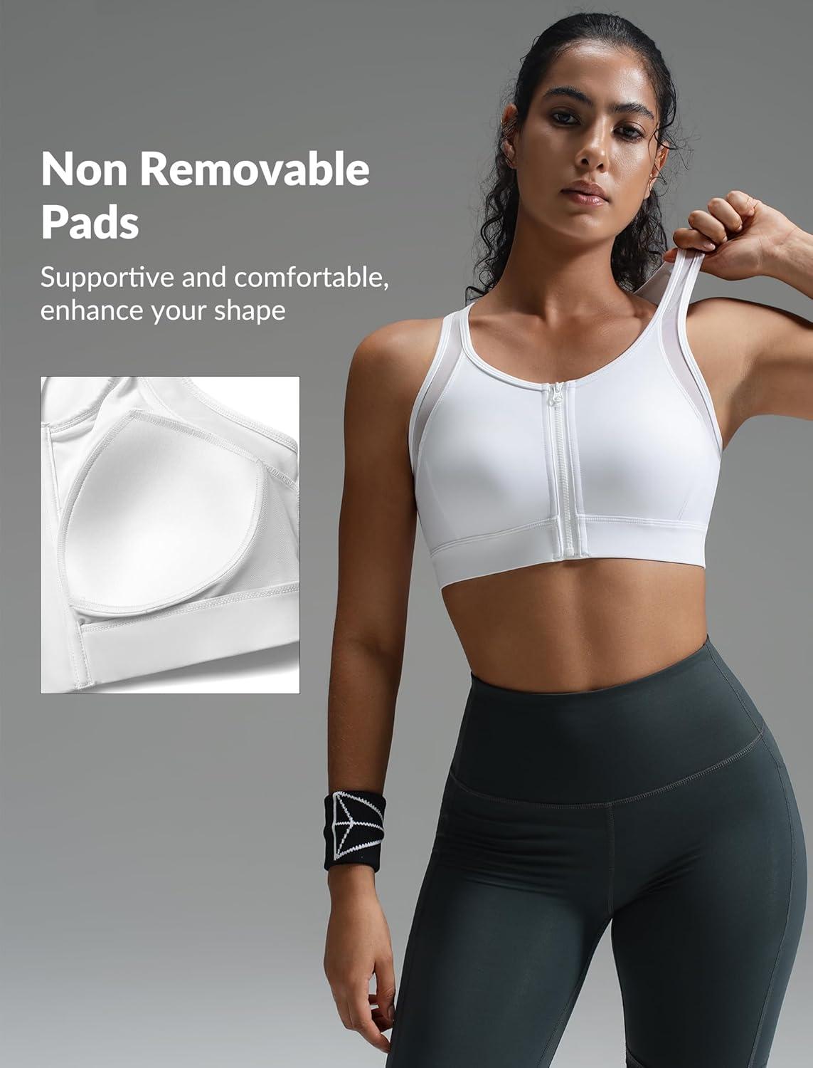 Yvette Front Zip Sports Bras for Women High Impact Mesh Racerback Full Support Sports Bra Plus Size for Running(White)