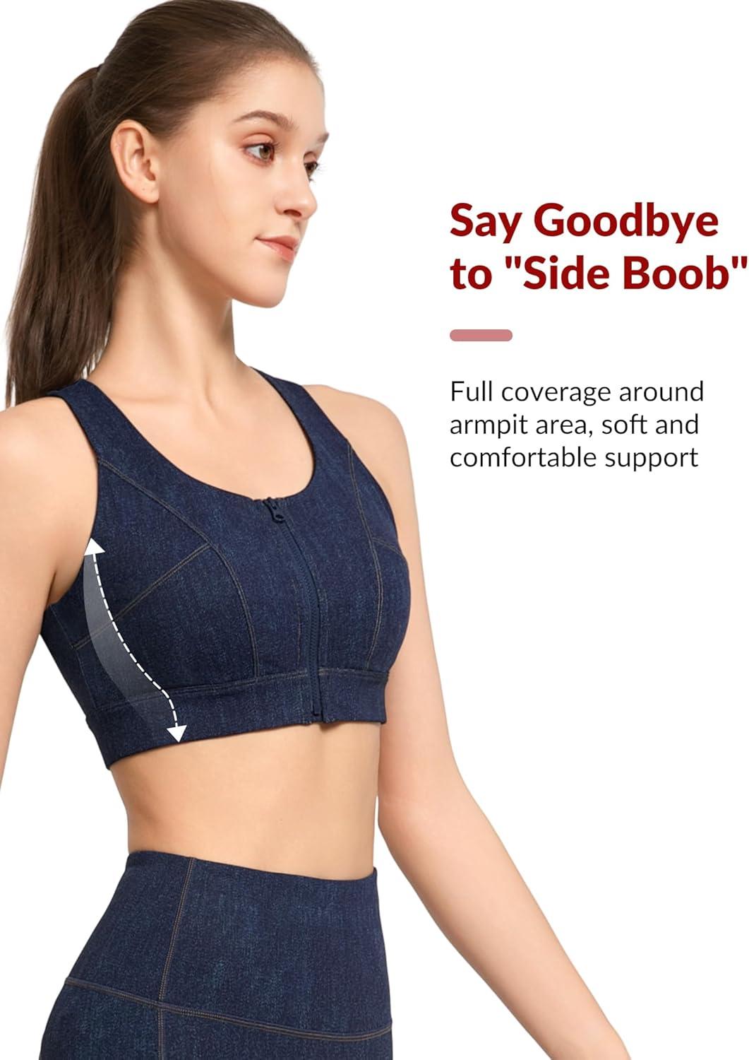 Yvette Zip Front Sports Bras for Women High Impact Racerback Sports Bra Full Support No Bounce for Large Breasts(Blue)
