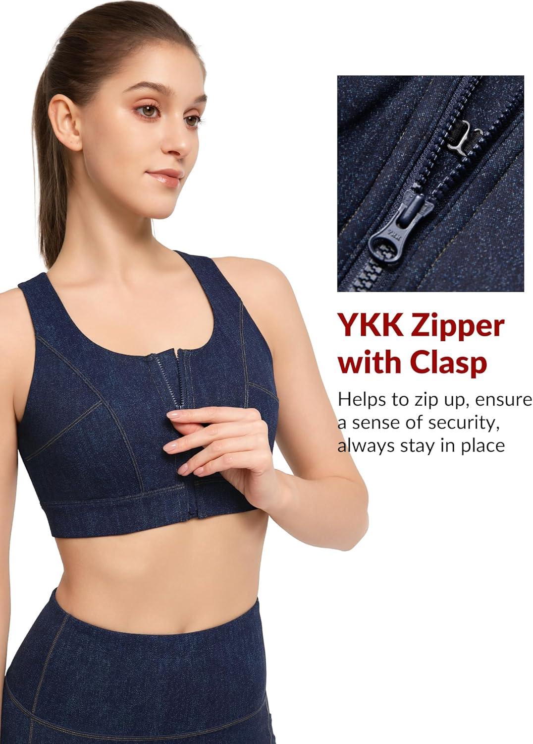 Yvette Zip Front Sports Bras for Women High Impact Racerback Sports Bra Full Support No Bounce for Large Breasts(Blue)