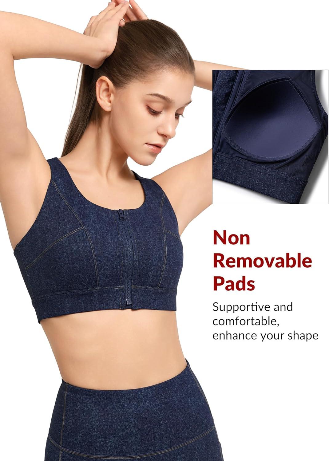 Yvette Zip Front Sports Bras for Women High Impact Racerback Sports Bra Full Support No Bounce for Large Breasts(Blue)