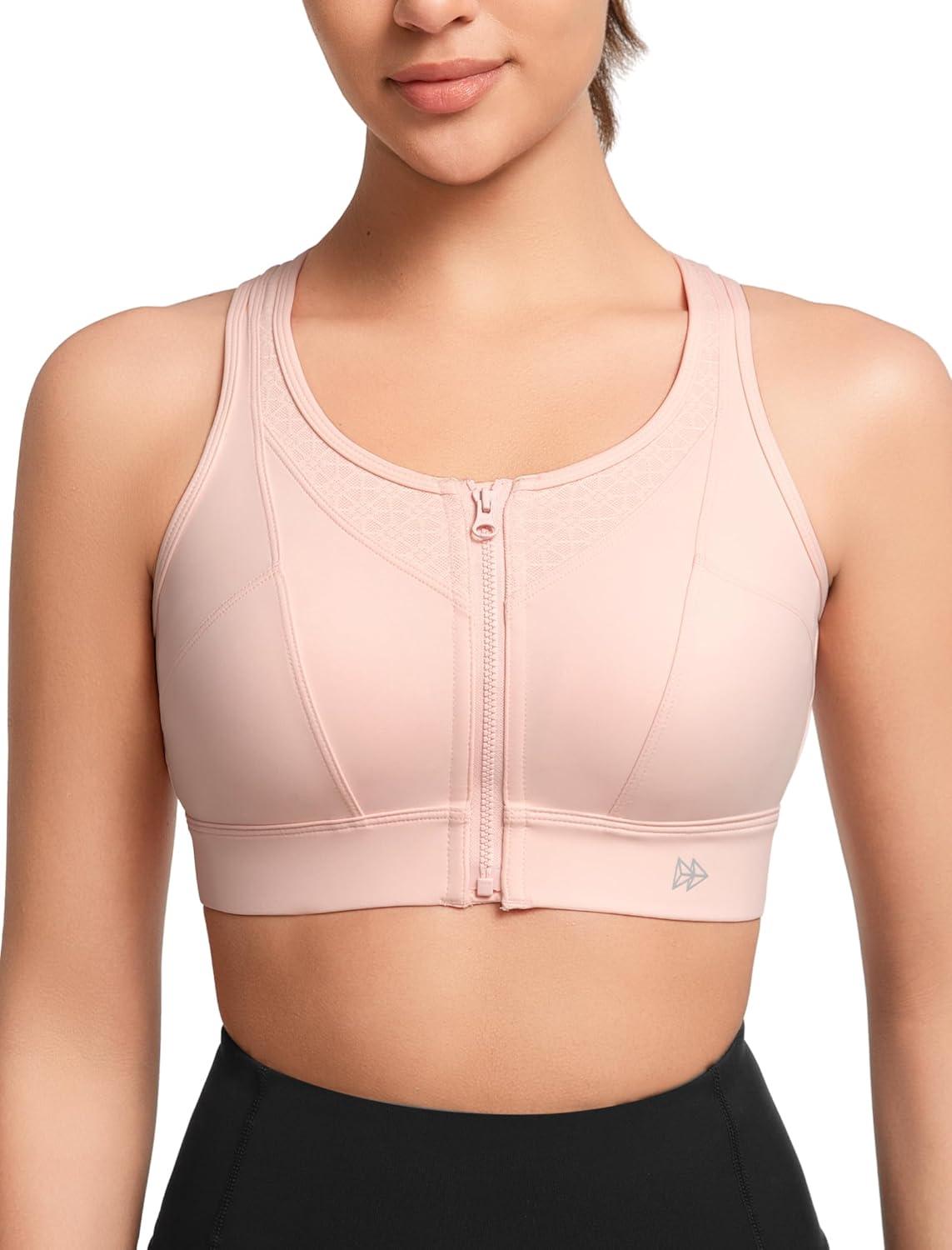 Yvette High Impact Sports Bras for Women Front Zip Supportive Running Bras for Large Bust Plus Size(Pink)