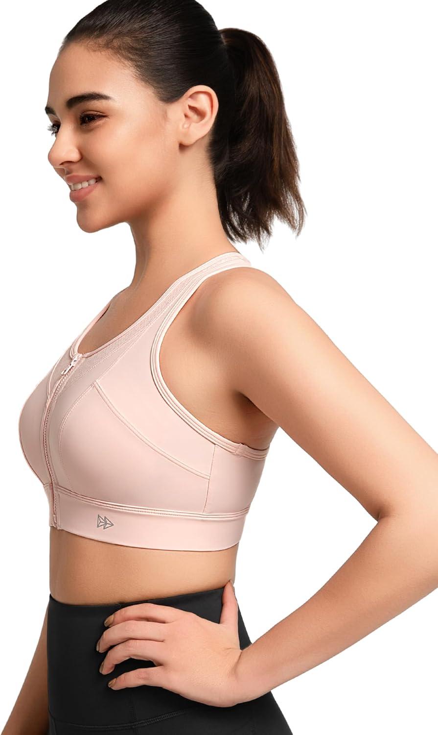 Yvette High Impact Sports Bras for Women Front Zip Supportive Running Bras for Large Bust Plus Size(Pink)