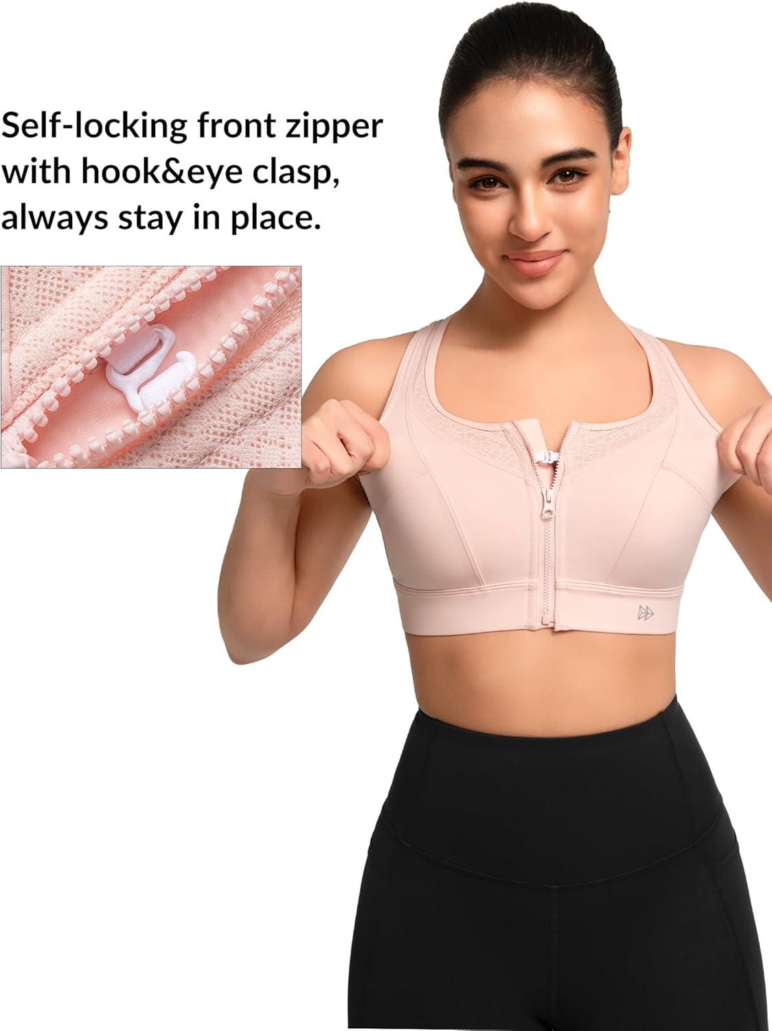 Yvette High Impact Sports Bras for Women Front Zip Supportive Running Bras for Large Bust Plus Size(Pink)