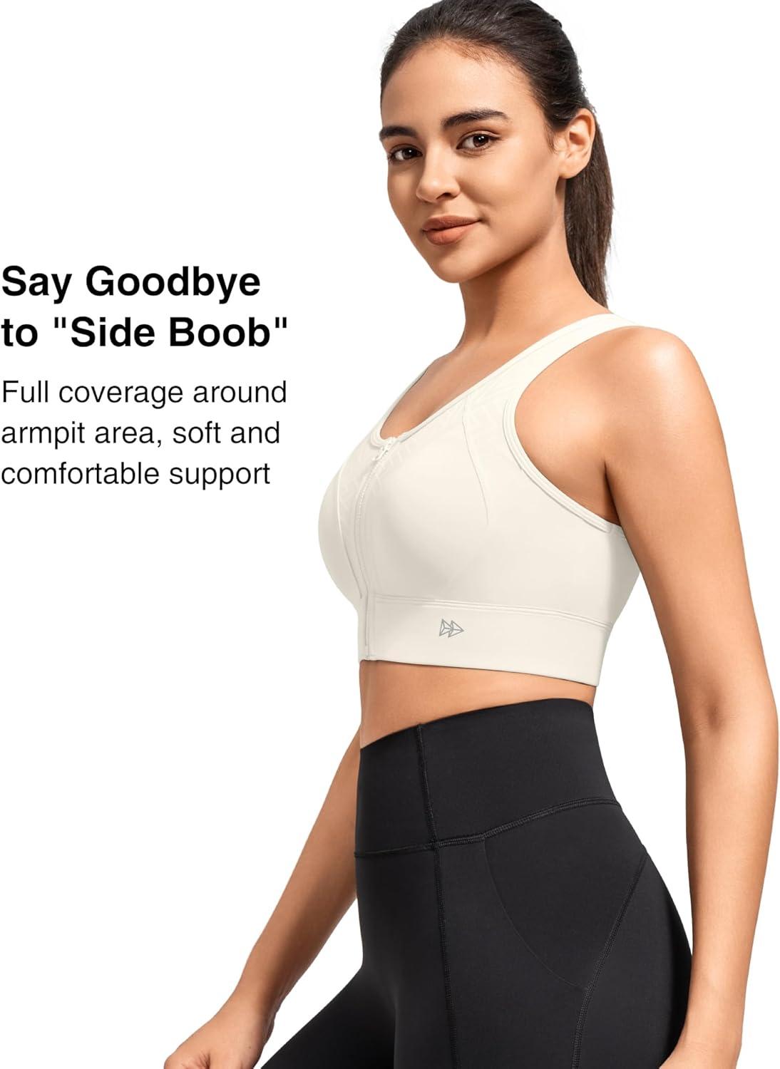 Yvette High Support Sports Bras for Women Zip Front Closure Sports Bra Plus Size Supportive Mold Cups Running Workout(Off-white)