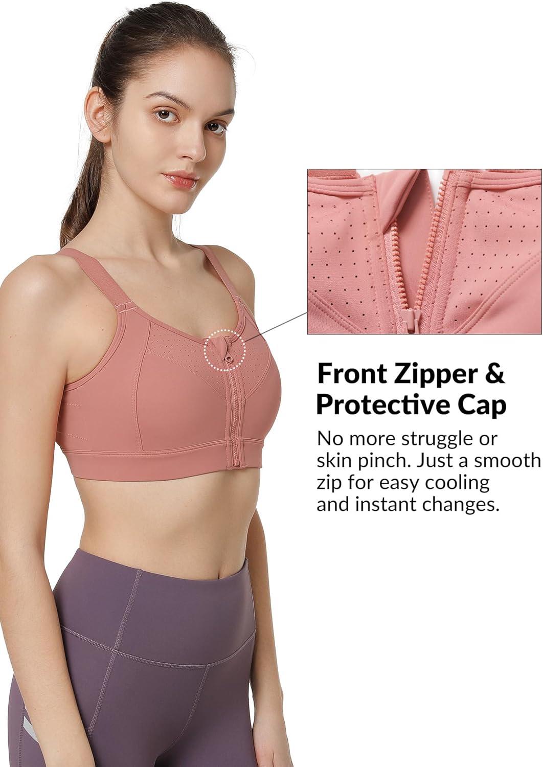 Yvette Adjustable Sports Bras for Women High Impact – Zip Front Sports Bra Plus Size Wireless for Running Workout(Rose Red)