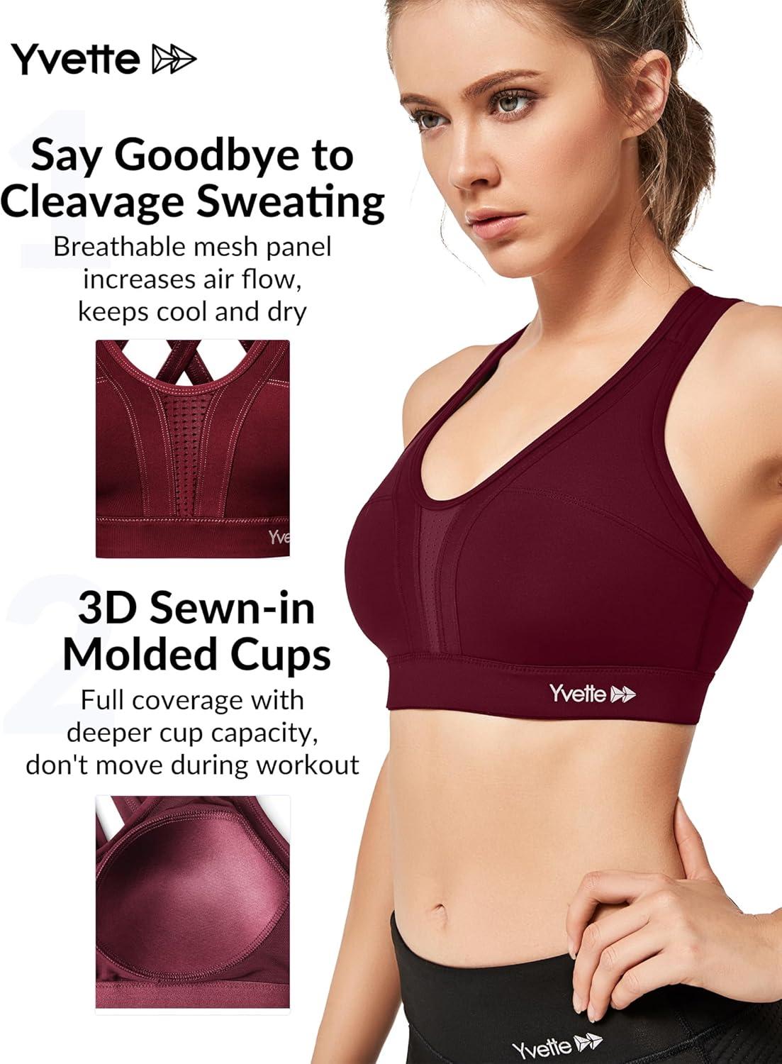 Yvette Women High Impact Sports Bras Criss Cross Back Sexy Running Bra for Plus Size(Burgundy)