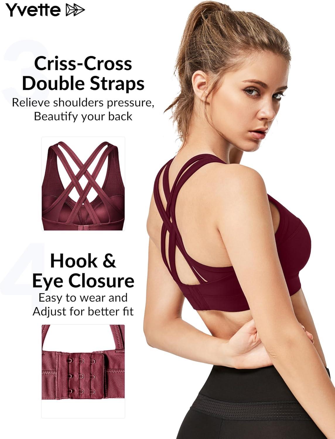 Yvette Women High Impact Sports Bras Criss Cross Back Sexy Running Bra for Plus Size(Burgundy)