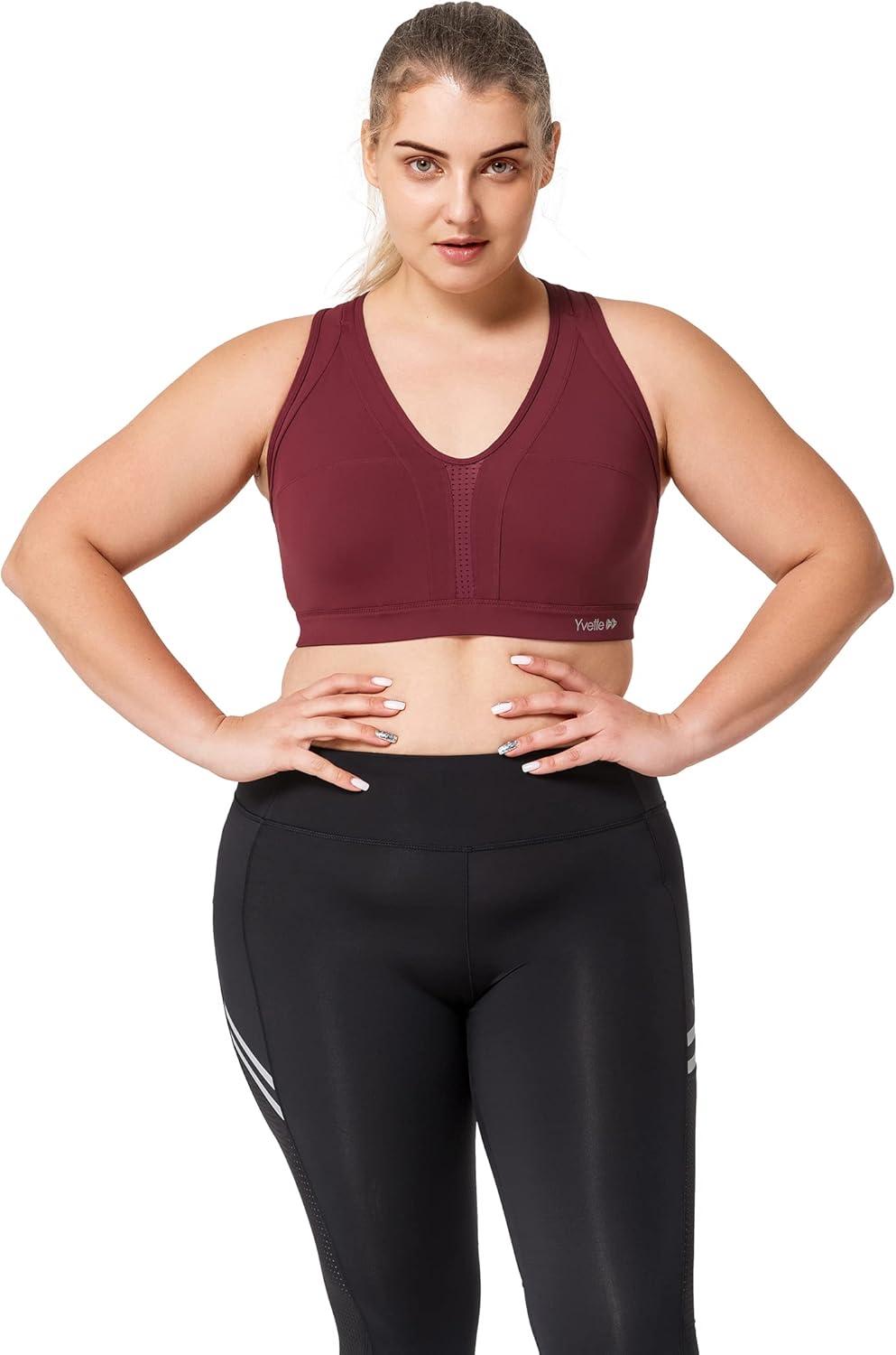 Yvette Women High Impact Sports Bras Criss Cross Back Sexy Running Bra for Plus Size(Burgundy)