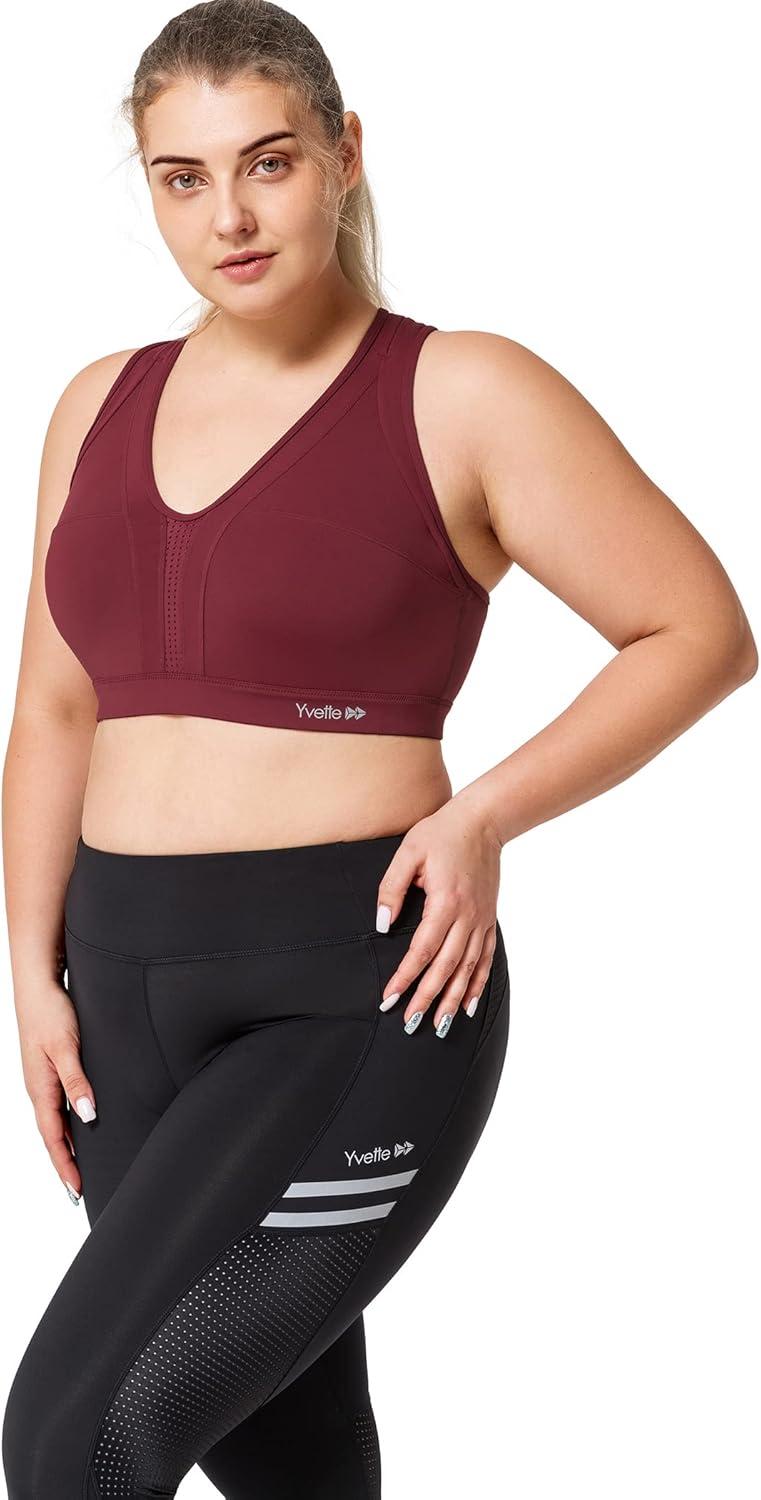 Yvette Women High Impact Sports Bras Criss Cross Back Sexy Running Bra for Plus Size(Burgundy)