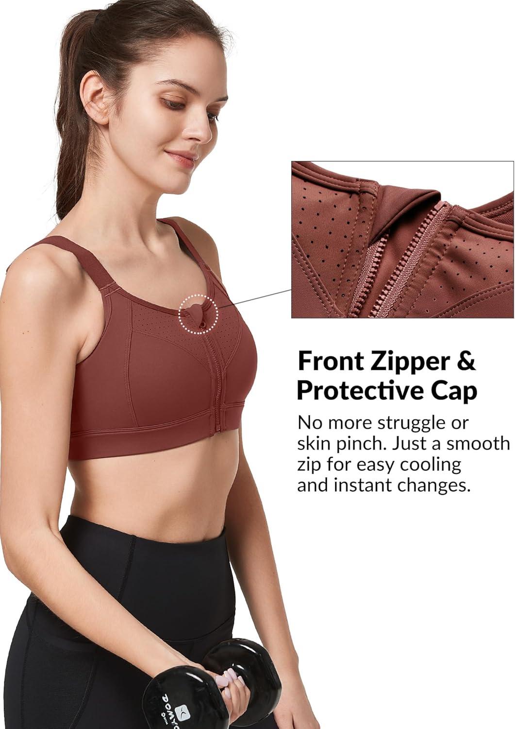 Yvette Adjustable Sports Bras for Women High Impact – Zip Front Sports Bra Plus Size Wireless for Running Workout(Brick Red)