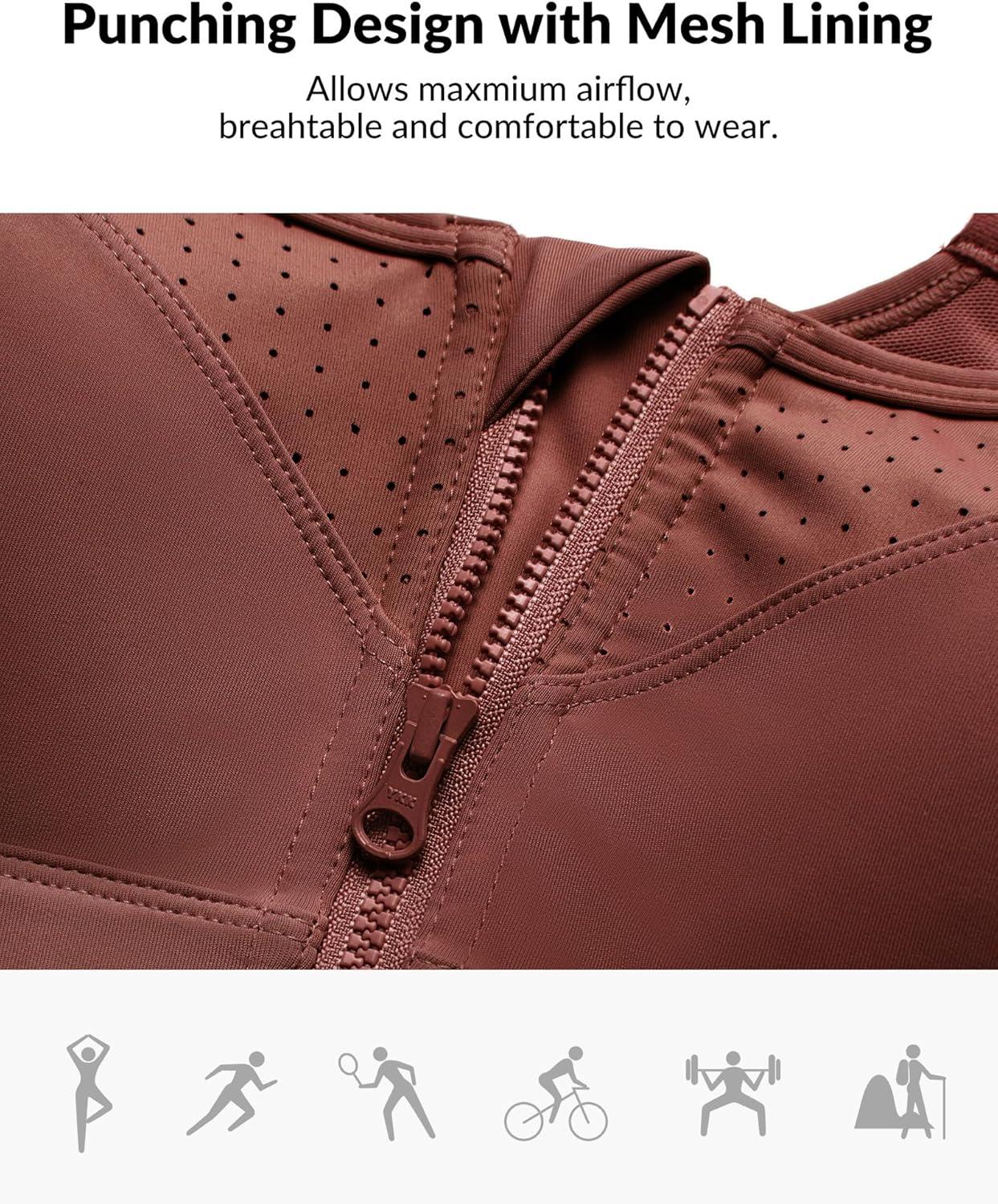 Yvette Adjustable Sports Bras for Women High Impact – Zip Front Sports Bra Plus Size Wireless for Running Workout(Brick Red)