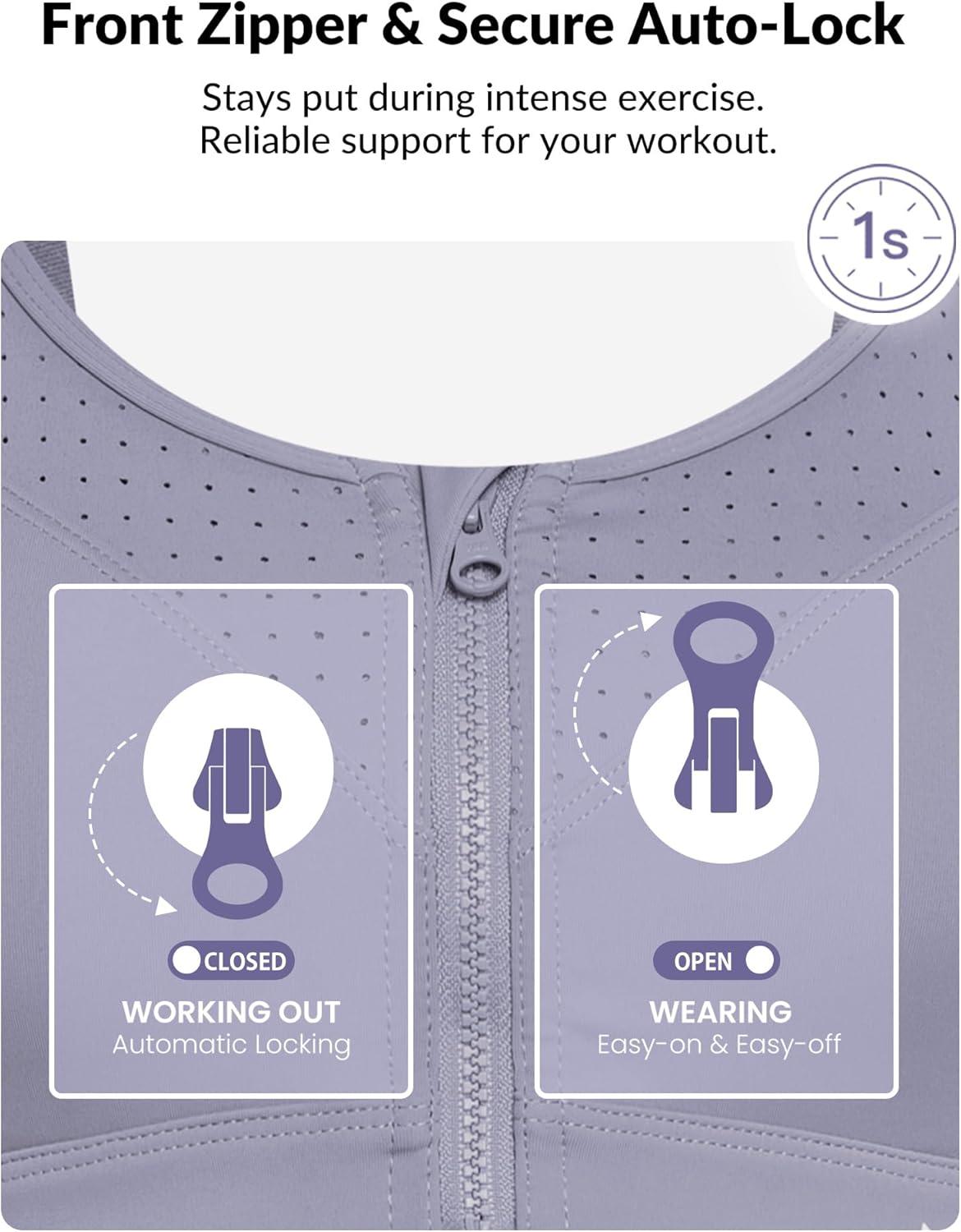 Yvette Adjustable Sports Bras for Women High Impact – Zip Front Sports Bra Plus Size Wireless for Running Workout(Light Purple)
