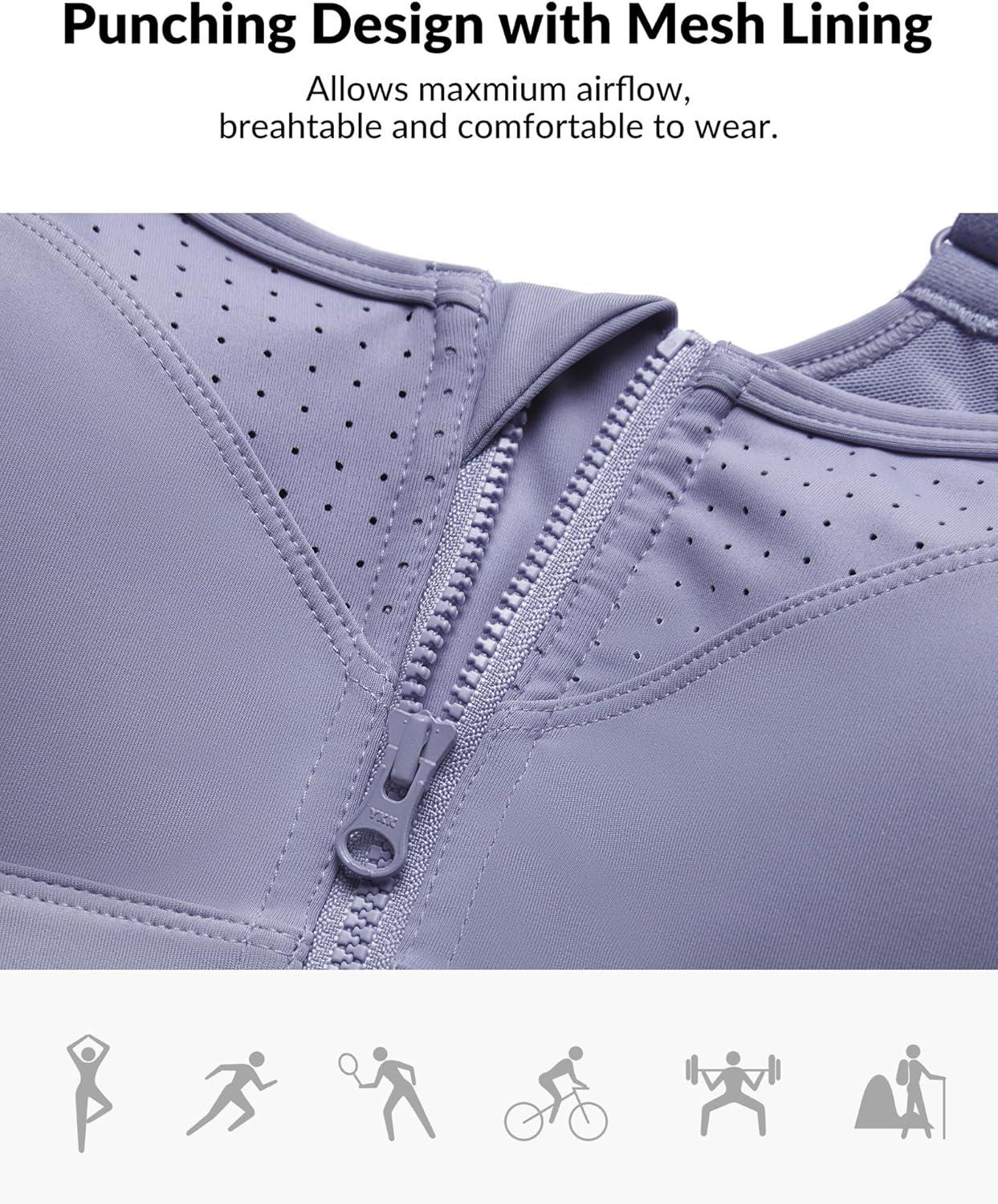 Yvette Adjustable Sports Bras for Women High Impact – Zip Front Sports Bra Plus Size Wireless for Running Workout(Light Purple)