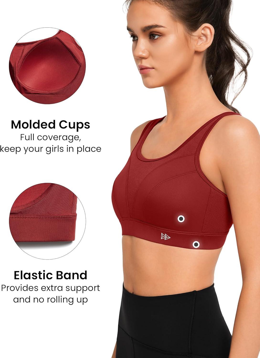 Yvette Adjustable Molded Cup Supportive Sports Bras – High Impact Wireless Bra for Large Breasts(Red)