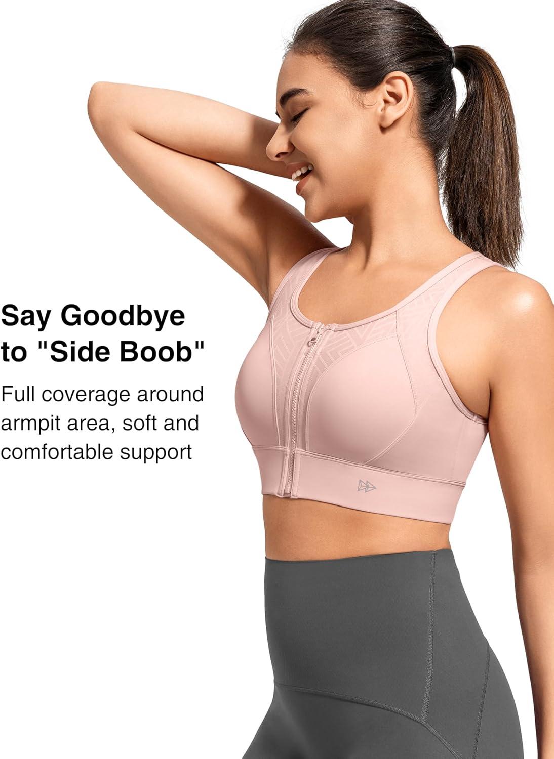 Yvette High Support Sports Bras for Women Zip Front Closure Sports Bra Plus Size Supportive Mold Cups Running Workout(Pink)
