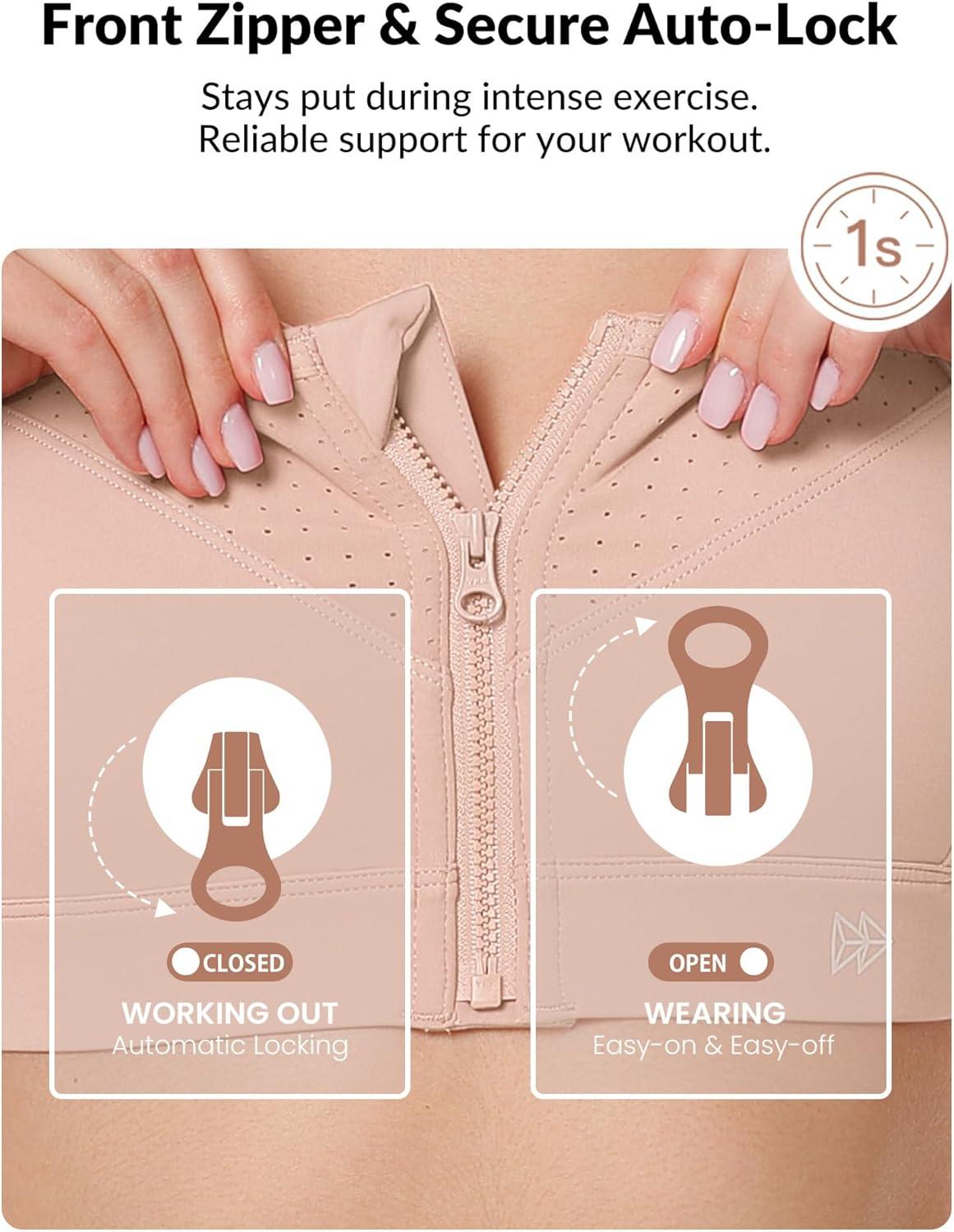Yvette Adjustable Sports Bras for Women High Impact – Zip Front Sports Bra Plus Size Wireless for Running Workout(Pink)