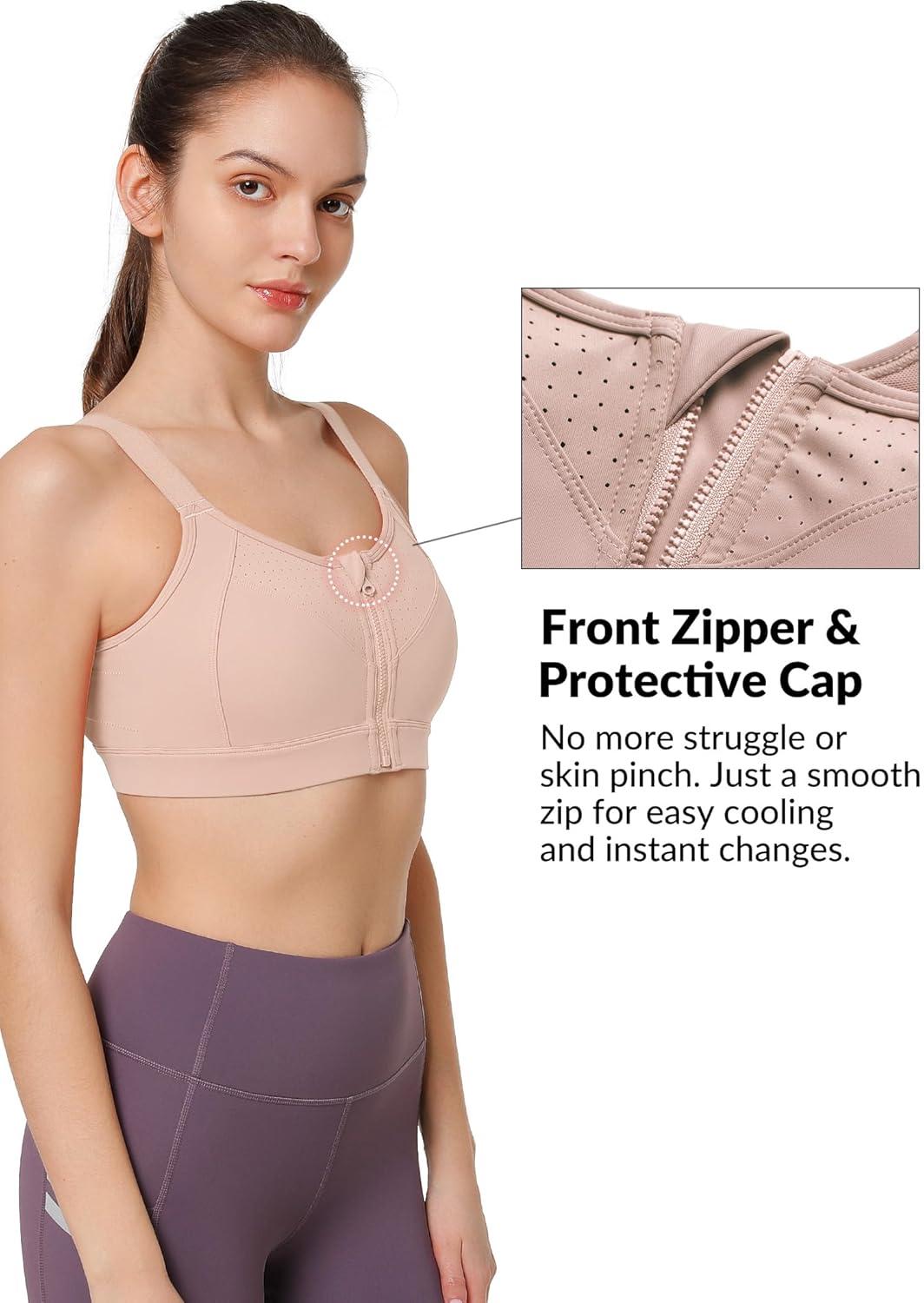Yvette Adjustable Sports Bras for Women High Impact – Zip Front Sports Bra Plus Size Wireless for Running Workout(Pink)