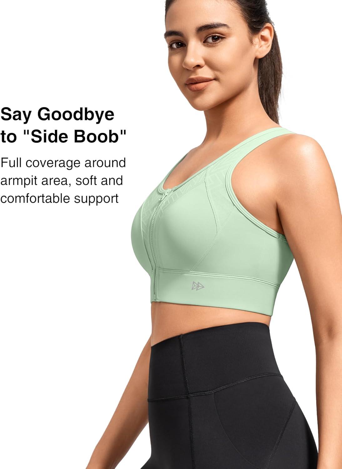 Yvette High Support Sports Bras for Women Zip Front Closure Sports Bra Plus Size Supportive Mold Cups Running Workout(Green)