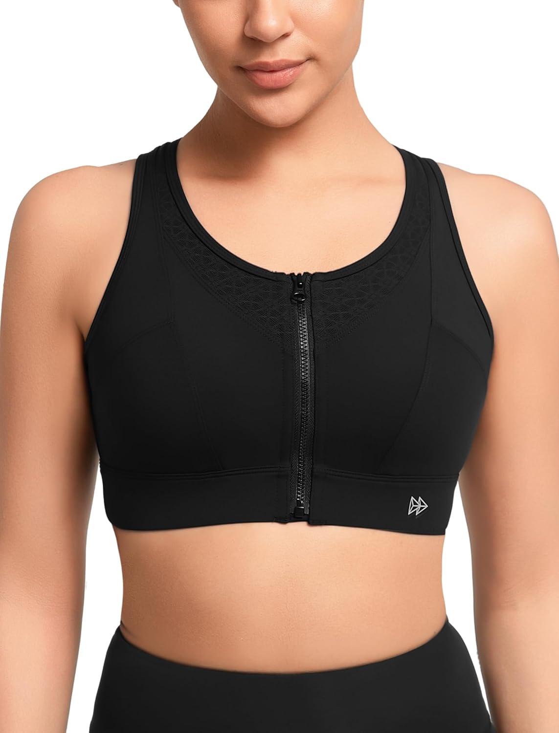 Yvette High Impact Sports Bras for Women Front Zip Supportive Running Bras for Large Bust Plus Size(Black)