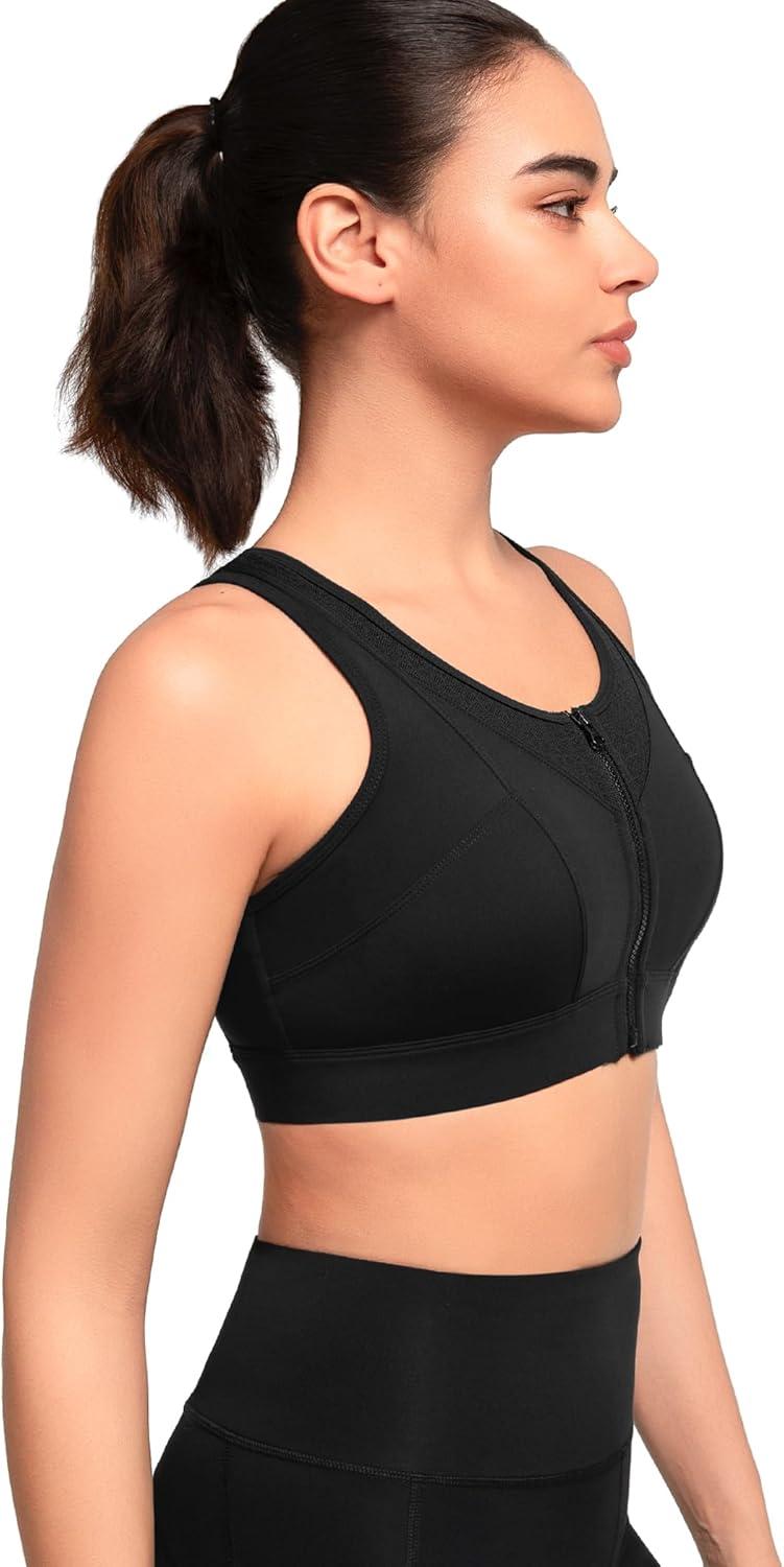 Yvette High Impact Sports Bras for Women Front Zip Supportive Running Bras for Large Bust Plus Size(Black)