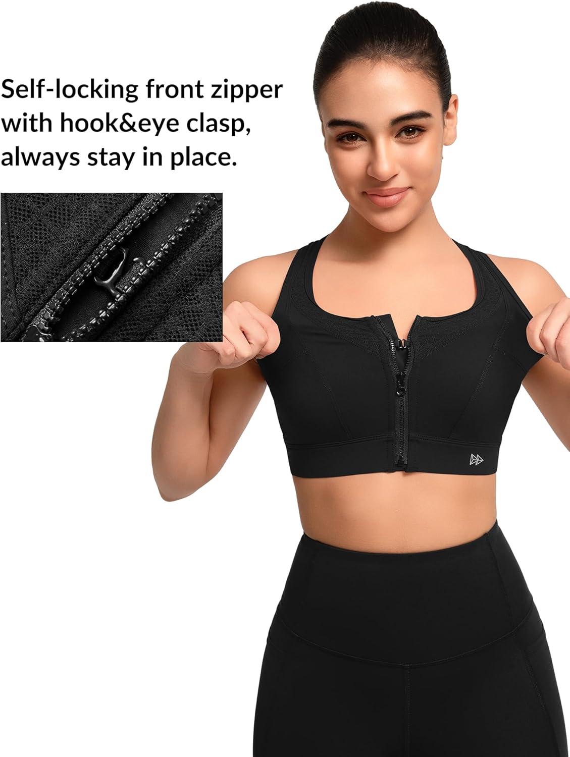 Yvette High Impact Sports Bras for Women Front Zip Supportive Running Bras for Large Bust Plus Size(Black)