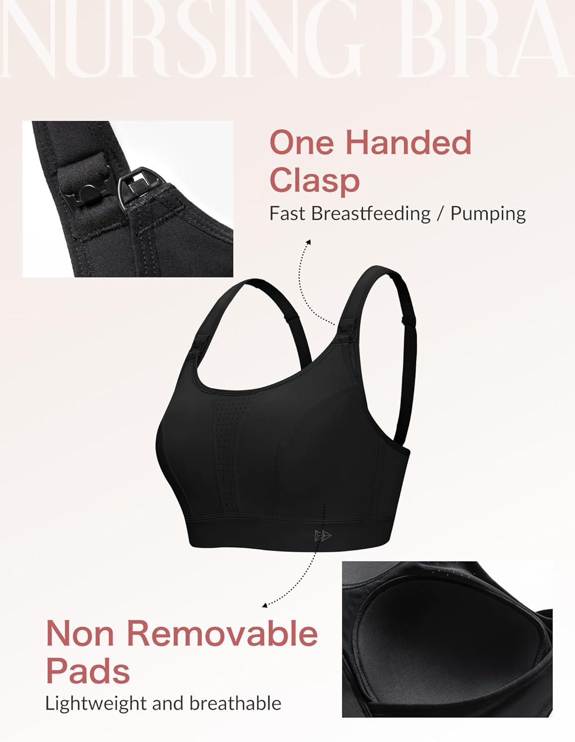 Yvette Nursing Sports Bras for Breastfeeding Supportive Wireless Padded Maternity Bralette for Pregnancy(Black)