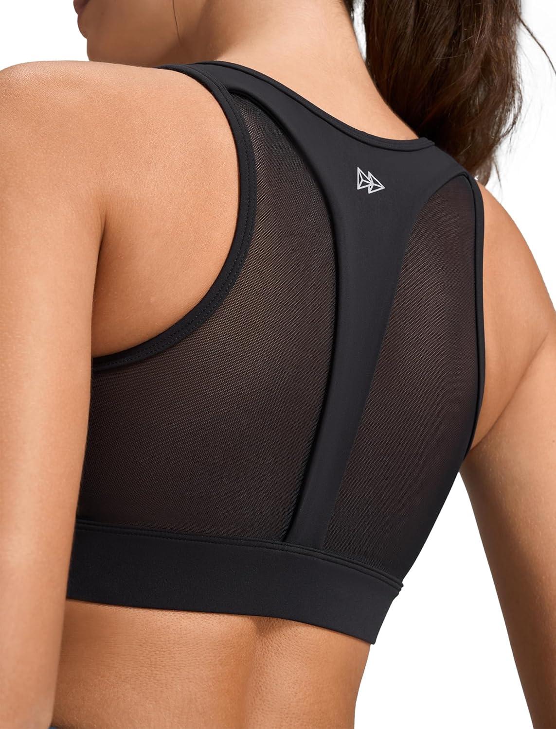 Yvette Front Zip Sports Bras for Women High Impact Mesh Racerback Full Support Sports Bra Plus Size for Running(Black)