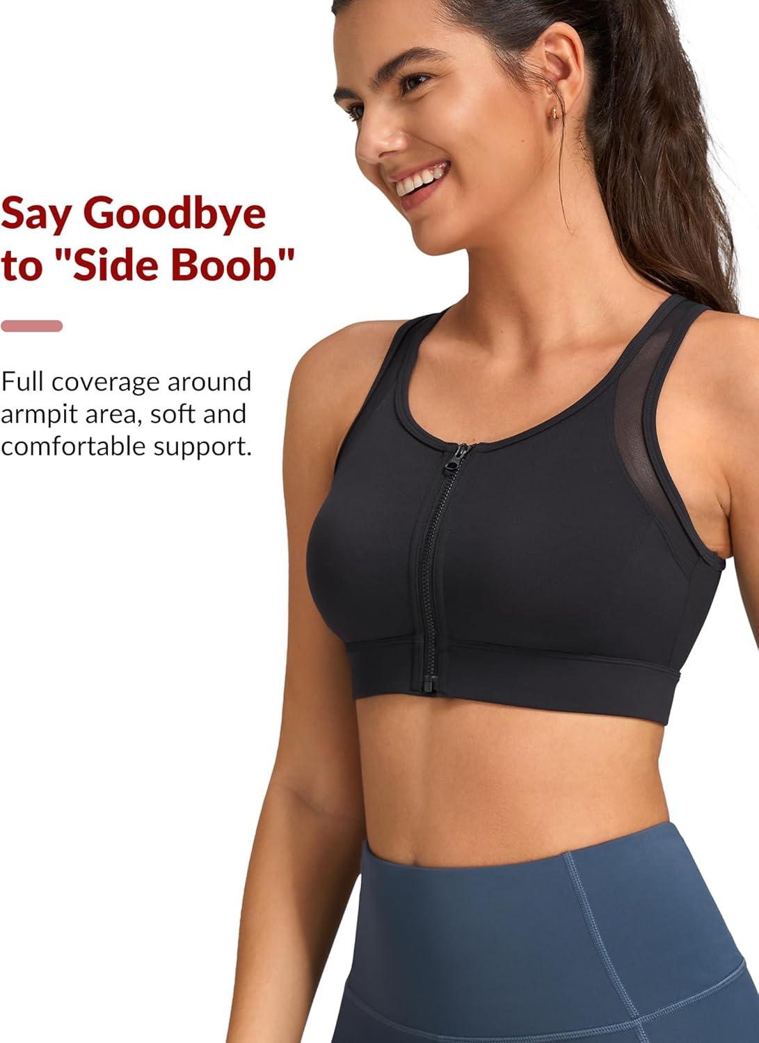 Yvette Front Zip Sports Bras for Women High Impact Mesh Racerback Full Support Sports Bra Plus Size for Running(Black)