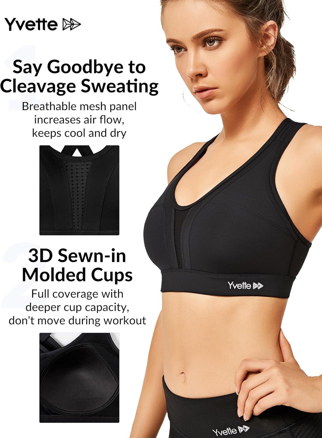 Yvette Women High Impact Sports Bras Criss Cross Back Sexy Running Bra for Plus Size(Black + Double Thin Strap + High Impact)