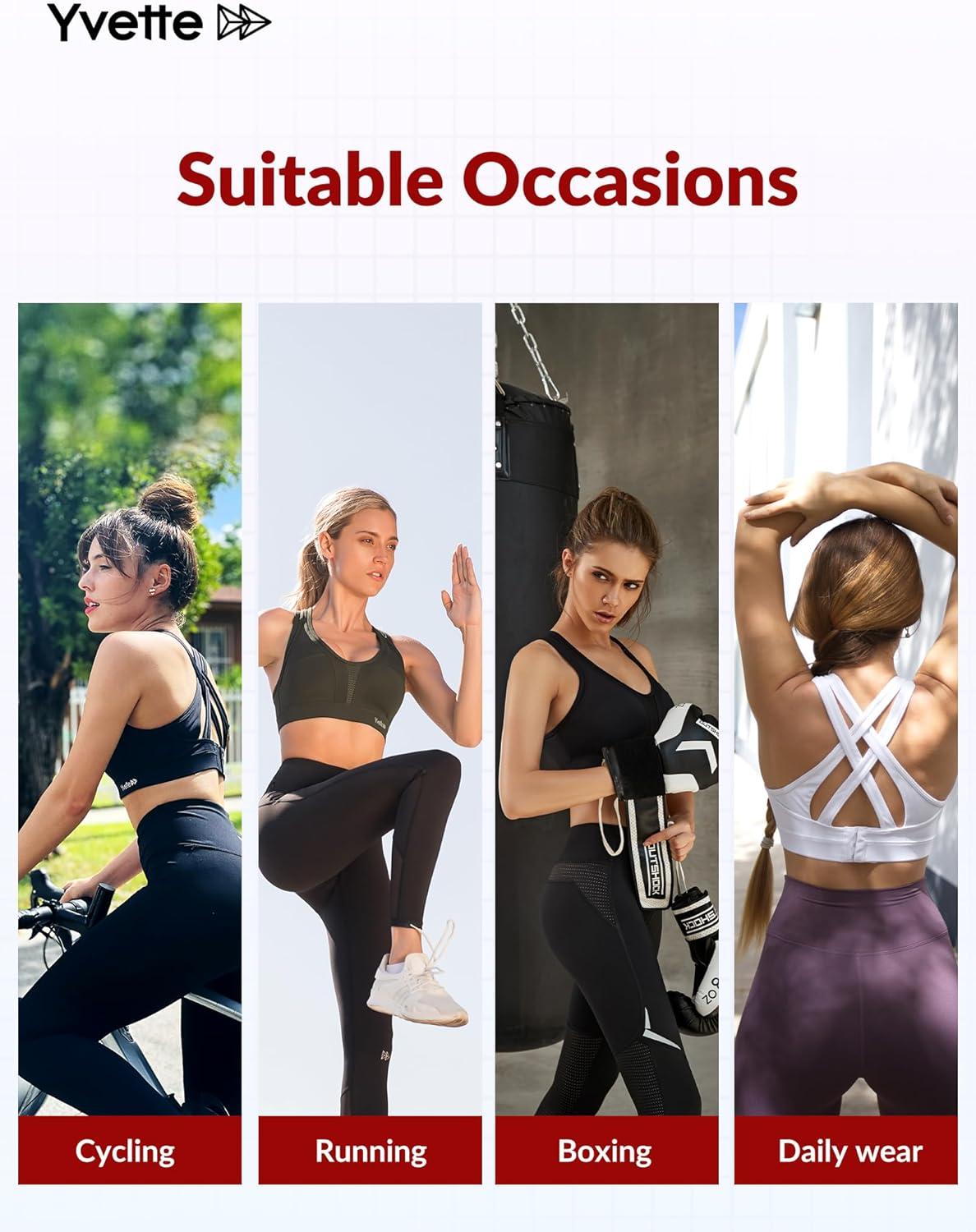 Yvette Women High Impact Sports Bras Criss Cross Back Sexy Running Bra for Plus Size(Black + Double Thin Strap + High Impact)