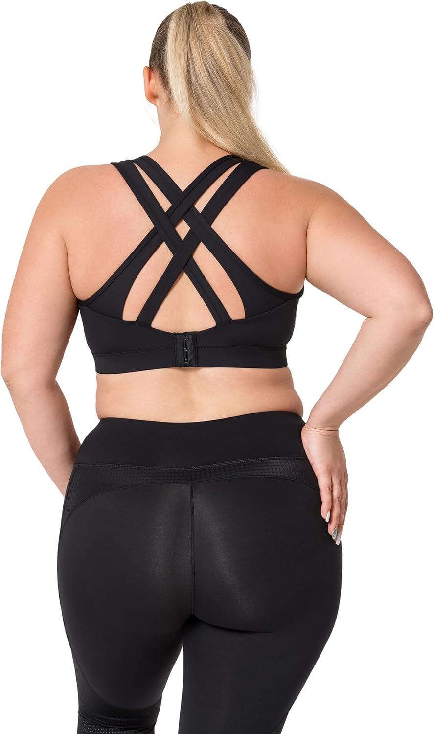 Yvette Women High Impact Sports Bras Criss Cross Back Sexy Running Bra for Plus Size(Black + Double Thin Strap + High Impact)