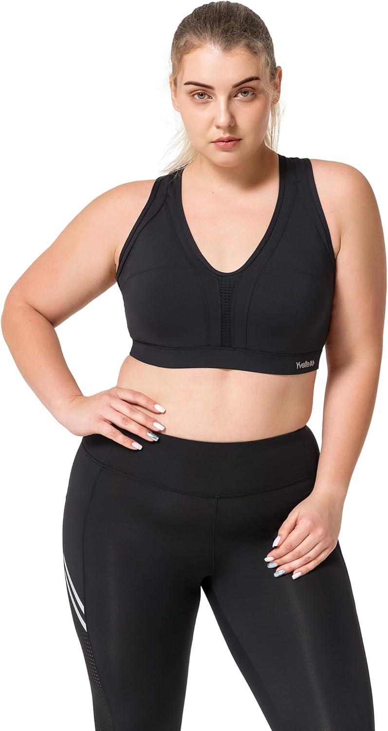 Yvette Women High Impact Sports Bras Criss Cross Back Sexy Running Bra for Plus Size(Black + Double Thin Strap + High Impact)