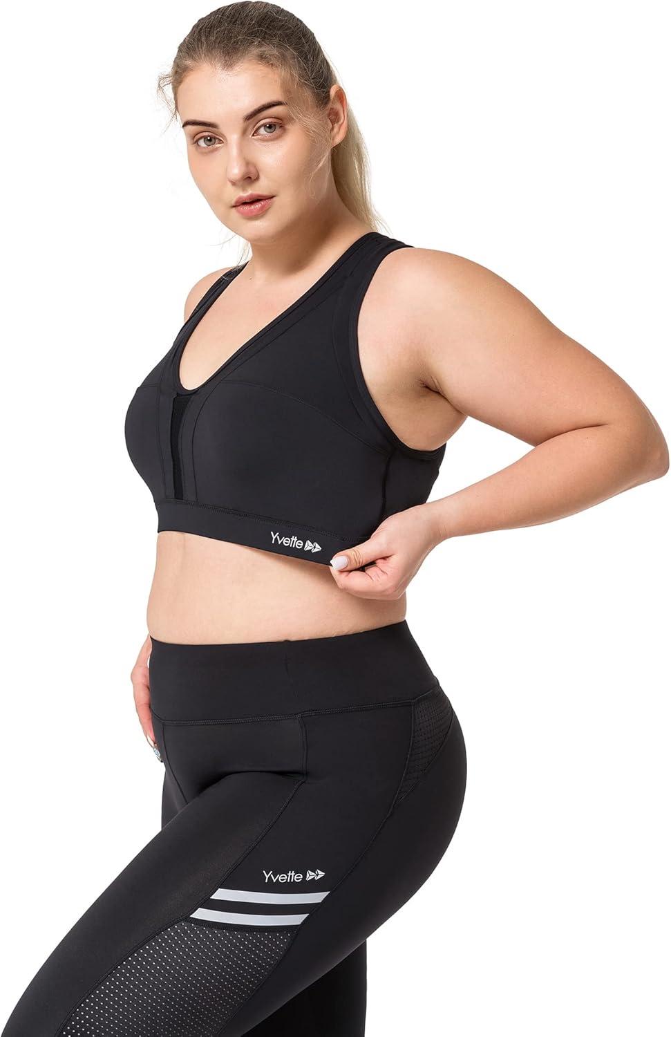 Yvette Women High Impact Sports Bras Criss Cross Back Sexy Running Bra for Plus Size(Black + Double Thin Strap + High Impact)