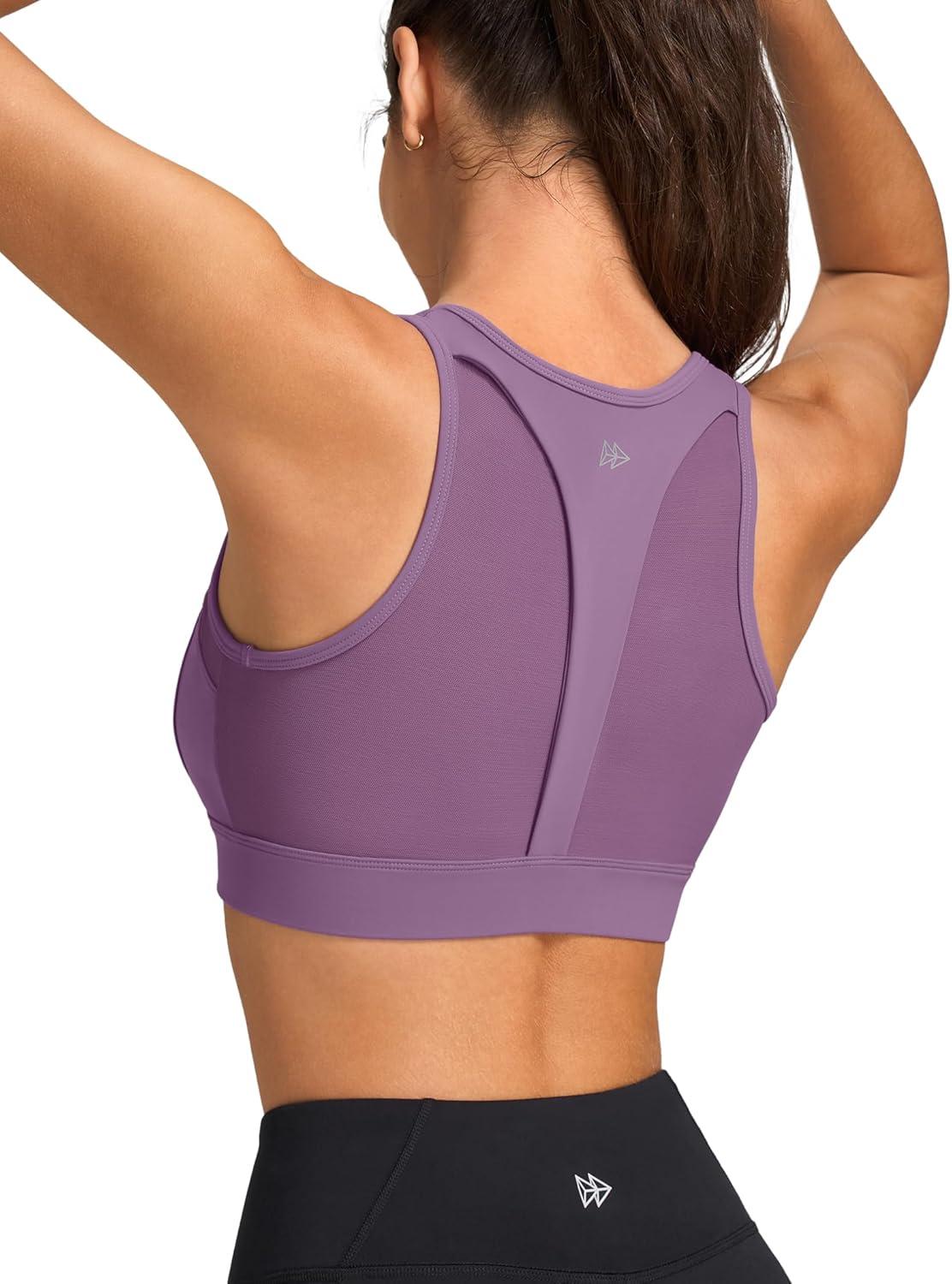 Yvette Front Zip Sports Bras for Women High Impact Mesh Racerback Full Support Sports Bra Plus Size for Running(Purple)