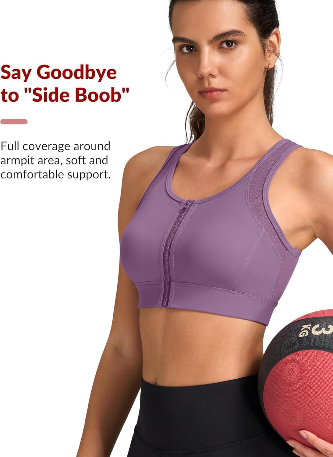 Yvette Front Zip Sports Bras for Women High Impact Mesh Racerback Full Support Sports Bra Plus Size for Running(Purple)