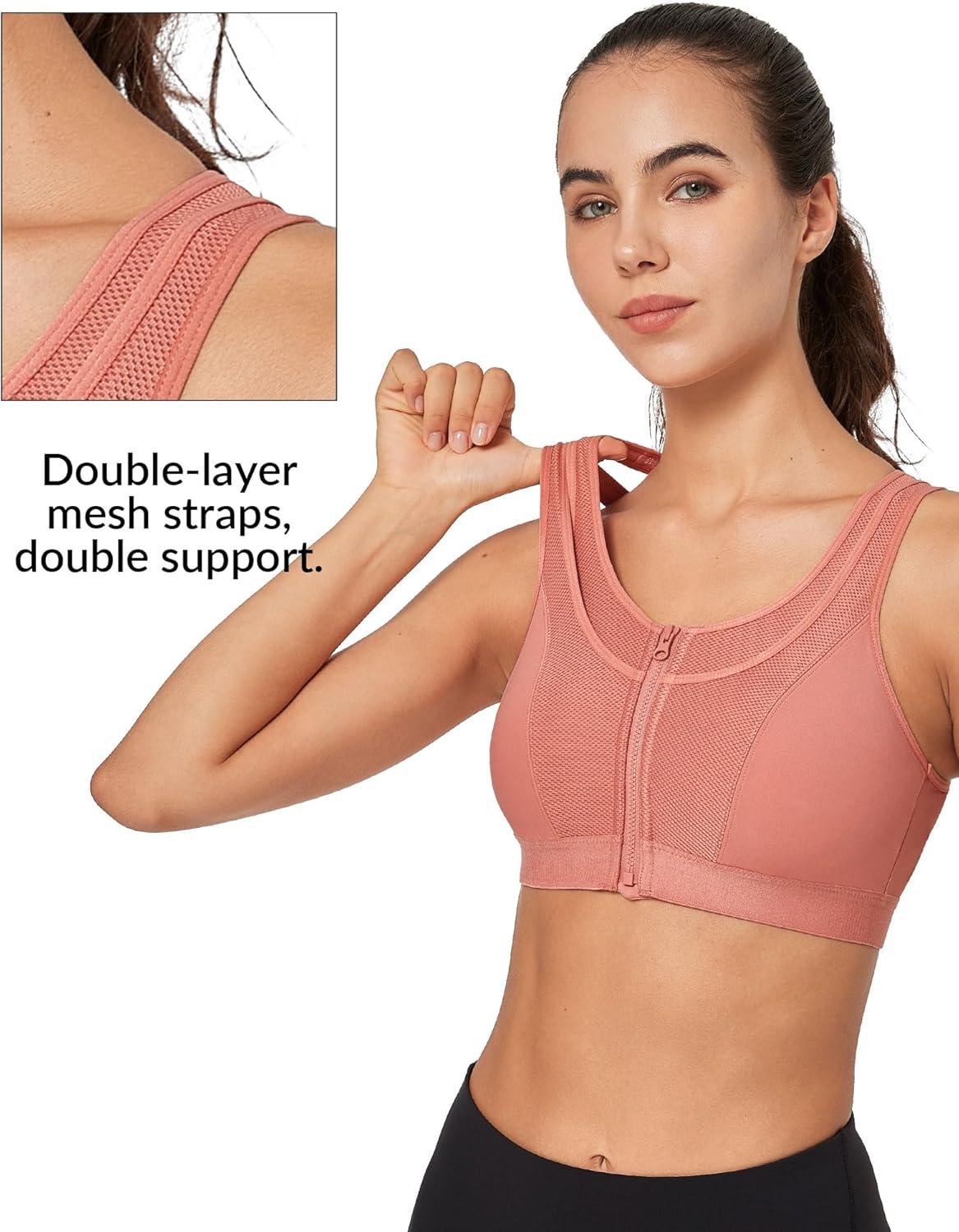 Yvette High Support Sports Bras for Women Double Deck Straps High Impact Mesh Zip Front Sports Bra for Running