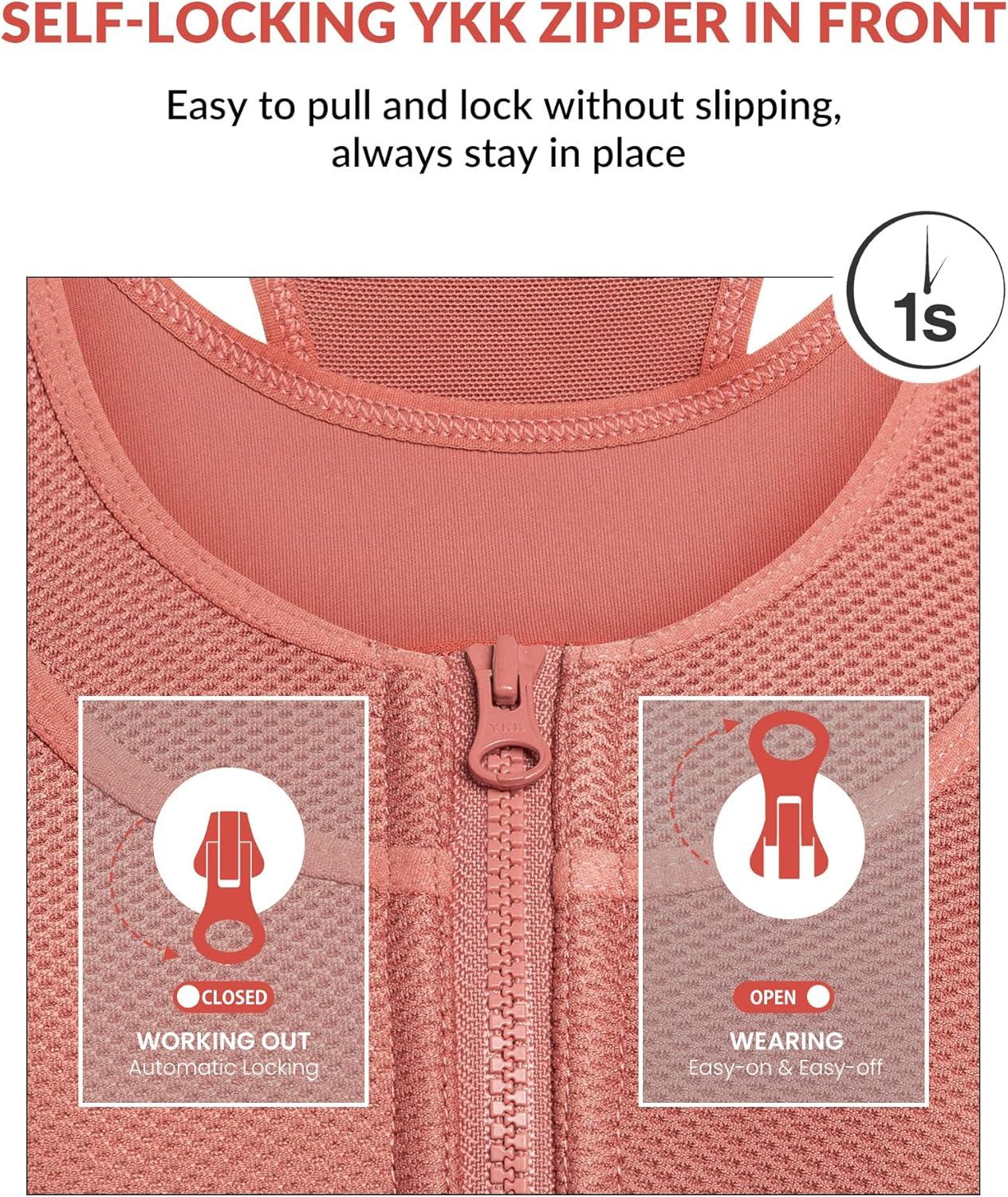 Yvette High Support Sports Bras for Women Double Deck Straps High Impact Mesh Zip Front Sports Bra for Running