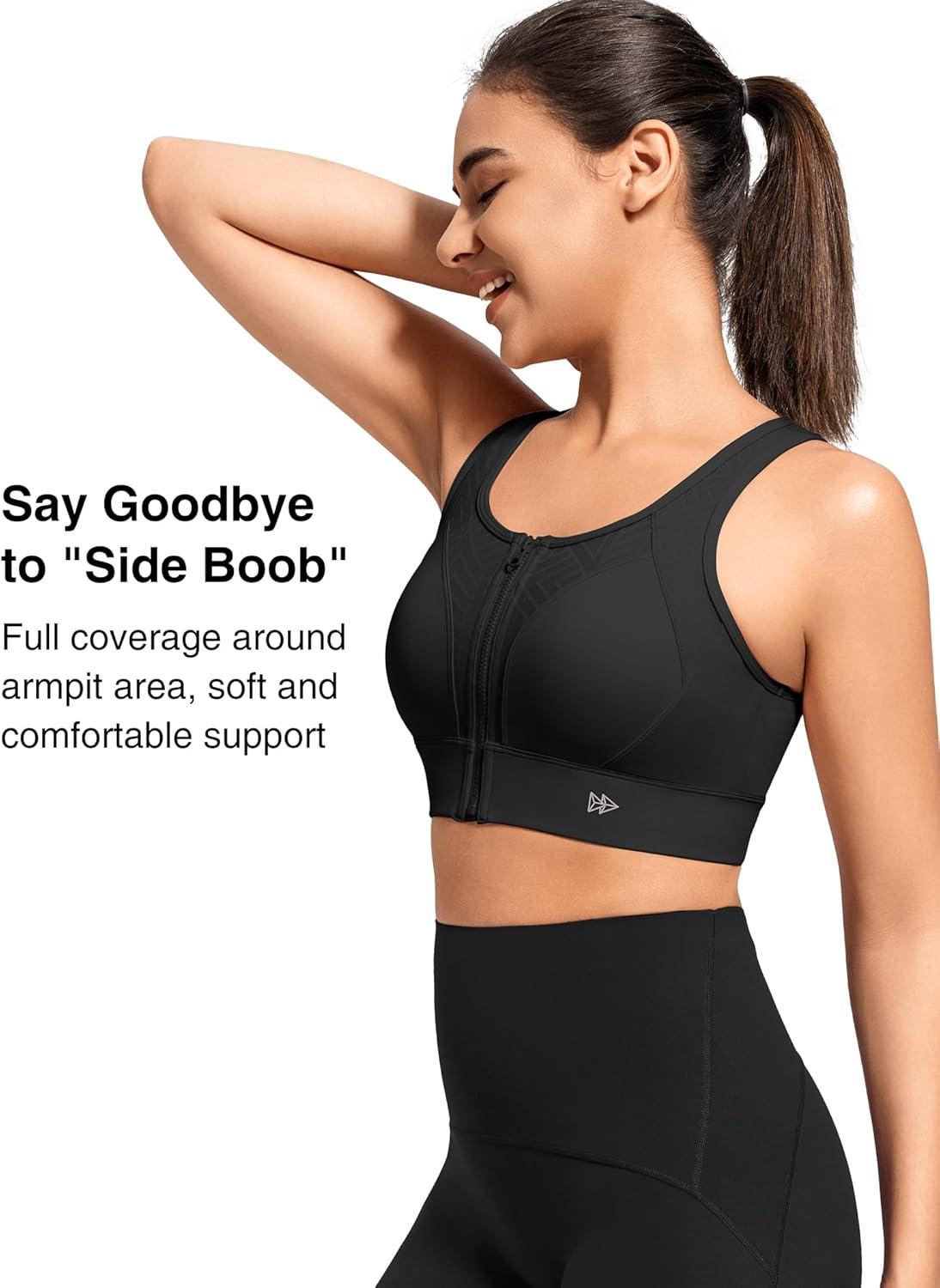 Yvette High Support Sports Bras for Women Zip Front Closure Sports Bra Plus Size Supportive Mold Cups Running Workout(Black)