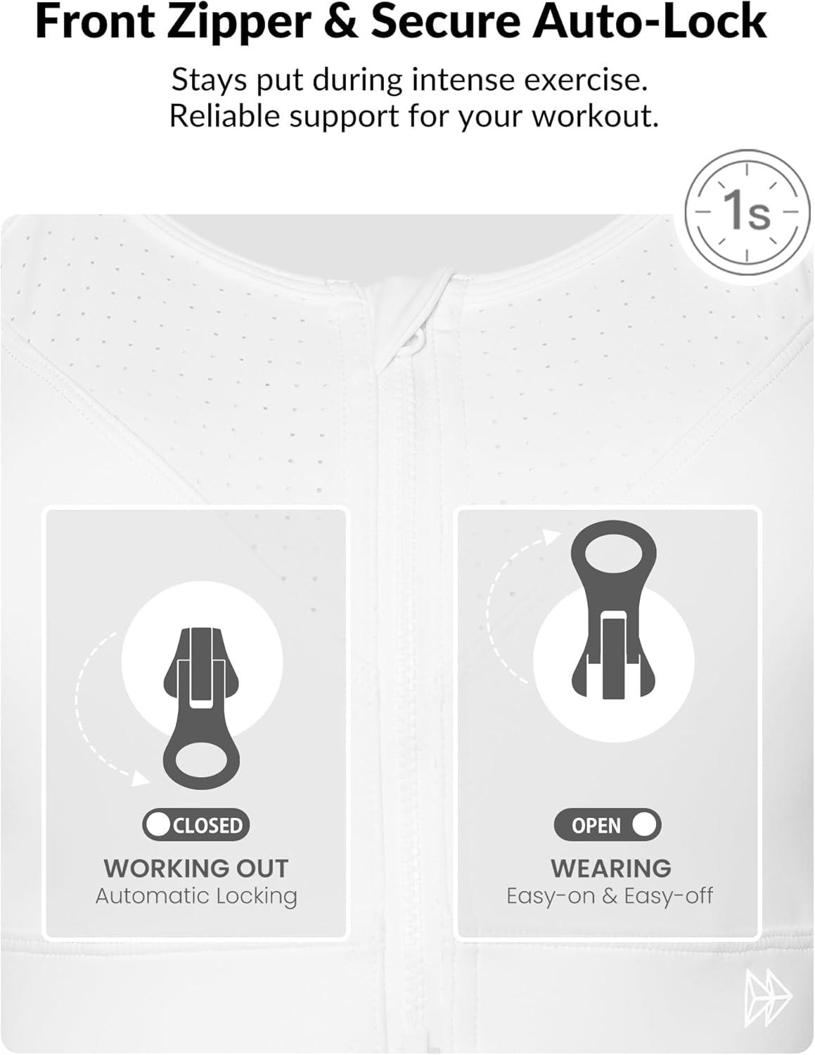 Yvette Adjustable Sports Bras for Women High Impact – Zip Front Sports Bra Plus Size Wireless for Running Workout(White)