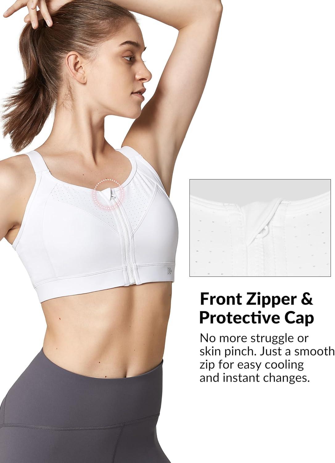 Yvette Adjustable Sports Bras for Women High Impact – Zip Front Sports Bra Plus Size Wireless for Running Workout(White)
